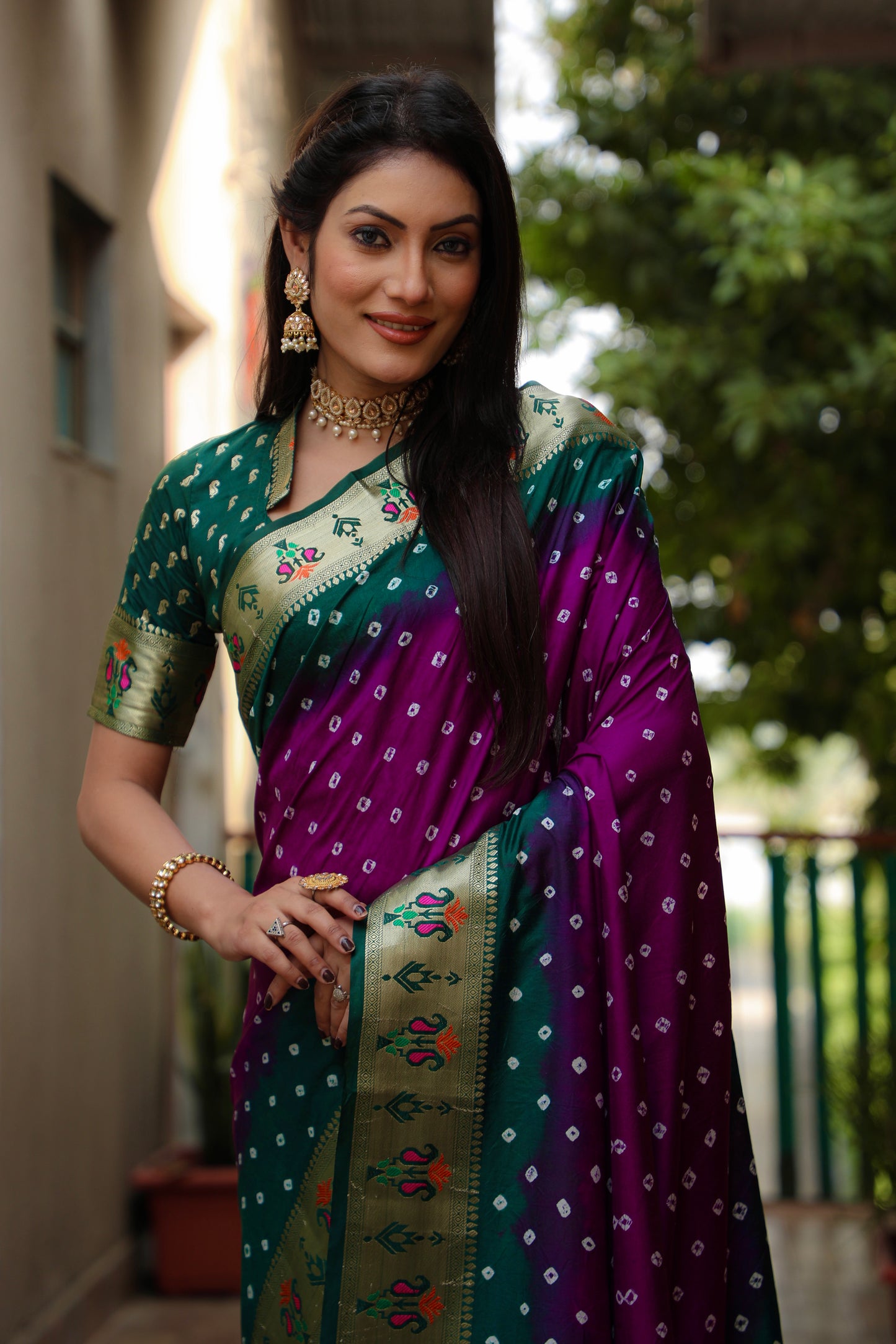 Purple Chandani Dola Soft Silk Bandhej Sarees Jari Paithani Weaving Border & Weaving Paithani Style Rich Pallu