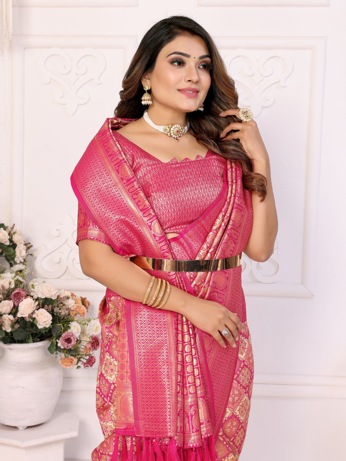 Pink-Cream Chaturi-2 Banarasi Chaturi silk saree Jari weaving Border and Weaving rich pallu
