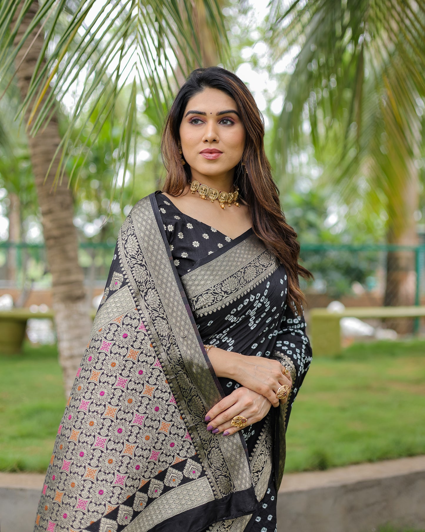 Black Padmavati Dola Soft Silk Bandhej Saree With All Over Handmade Bandhej With Jari Weaving Border