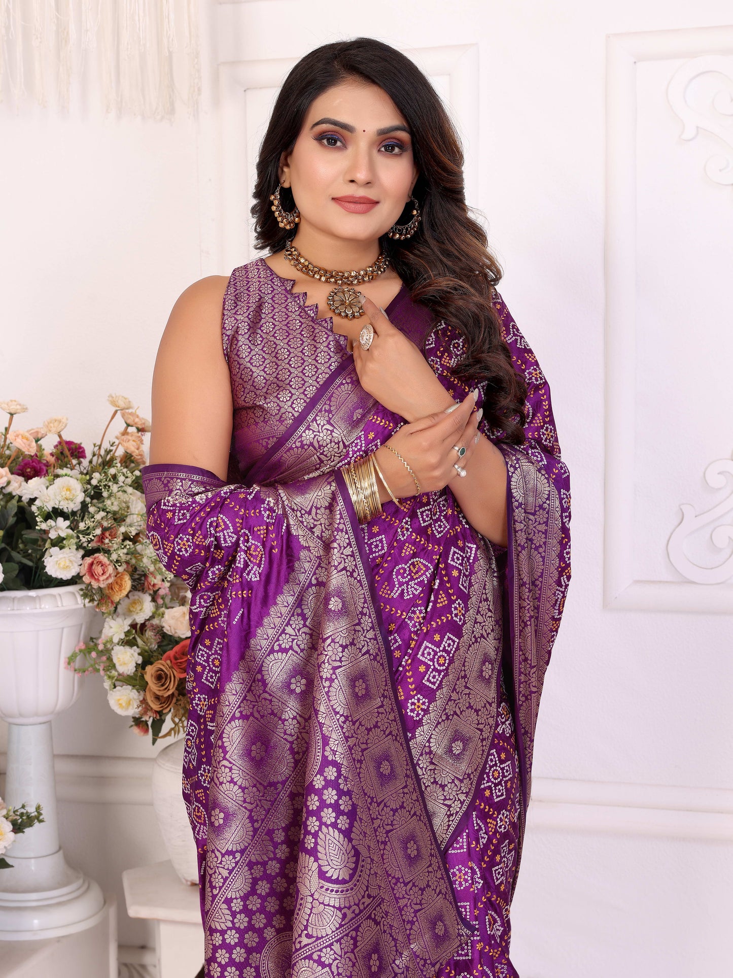 Purple Samshira Soft Satin Silk Bandhej Print Saree With Zari Border Design And Having Rich Pallu