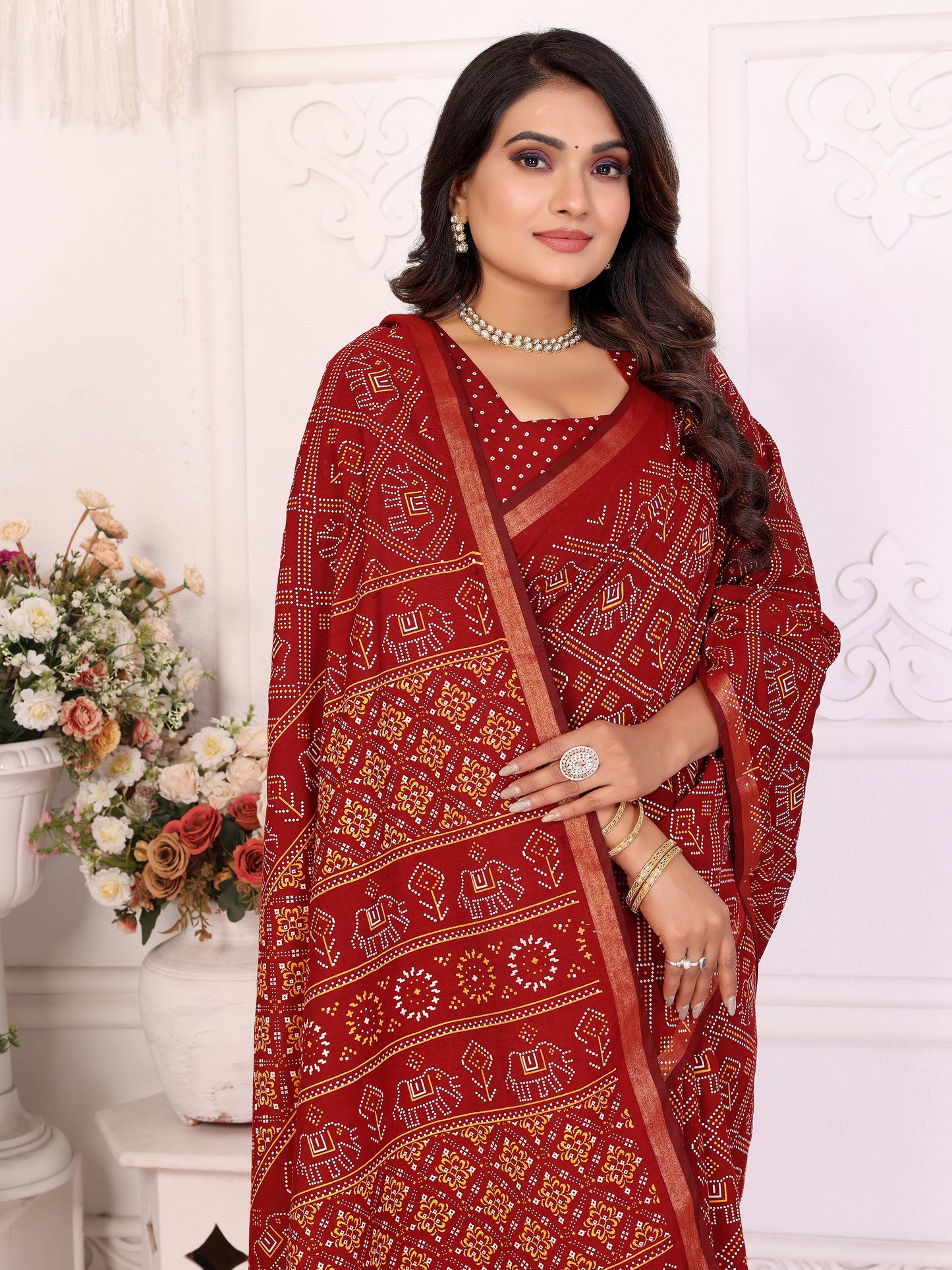 Red Ambika Pure Patola And Bandhej Pattern Soft Cotton Light Weight Saree