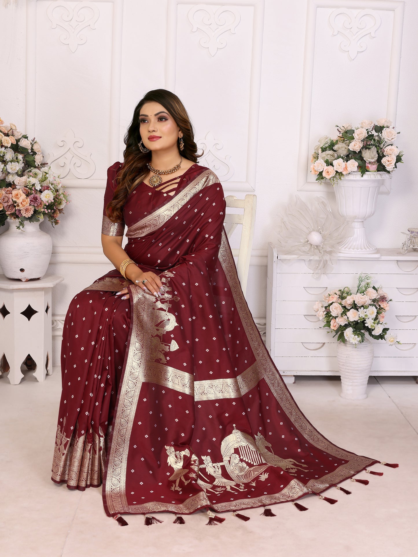 Maroon Heena summer kochi silk saree with beautiful Bandhej weaving work soft comfy....