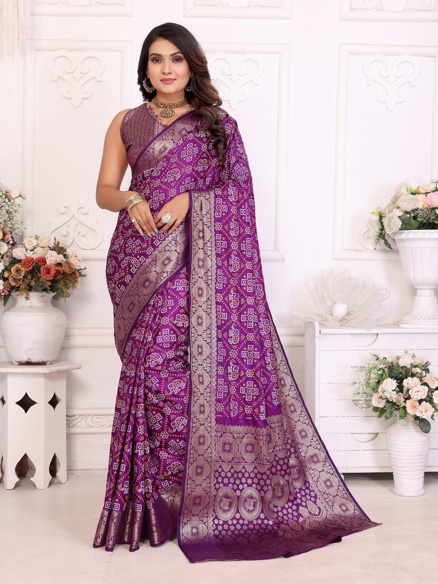 Purple Samshira Soft Satin Silk Bandhej Print Saree With Zari Border Design And Having Rich Pallu