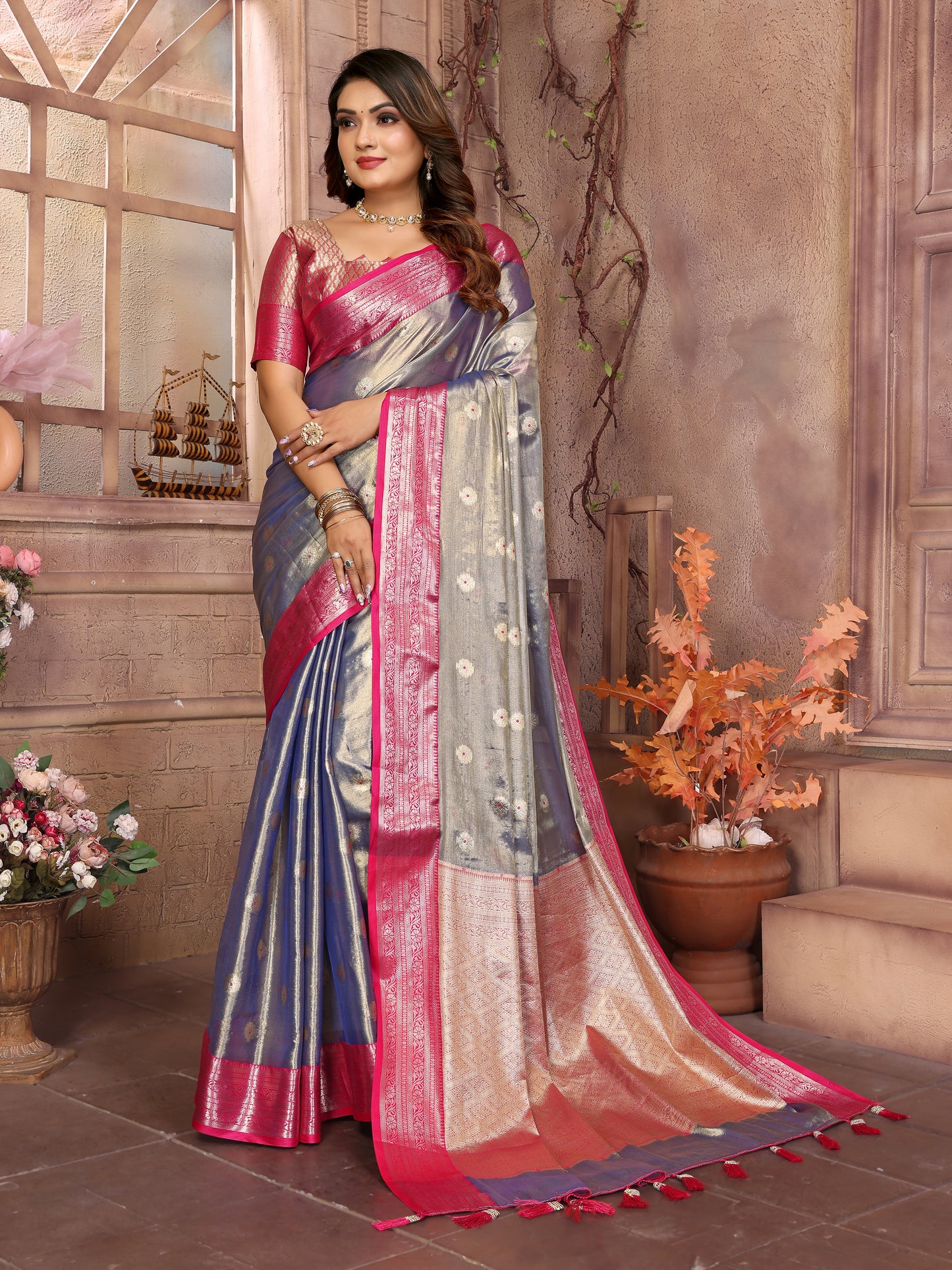 Gray Anita Handloom Tissue Silk Sarees with Zari Weaving Designs and Zari borders Rich Pallu