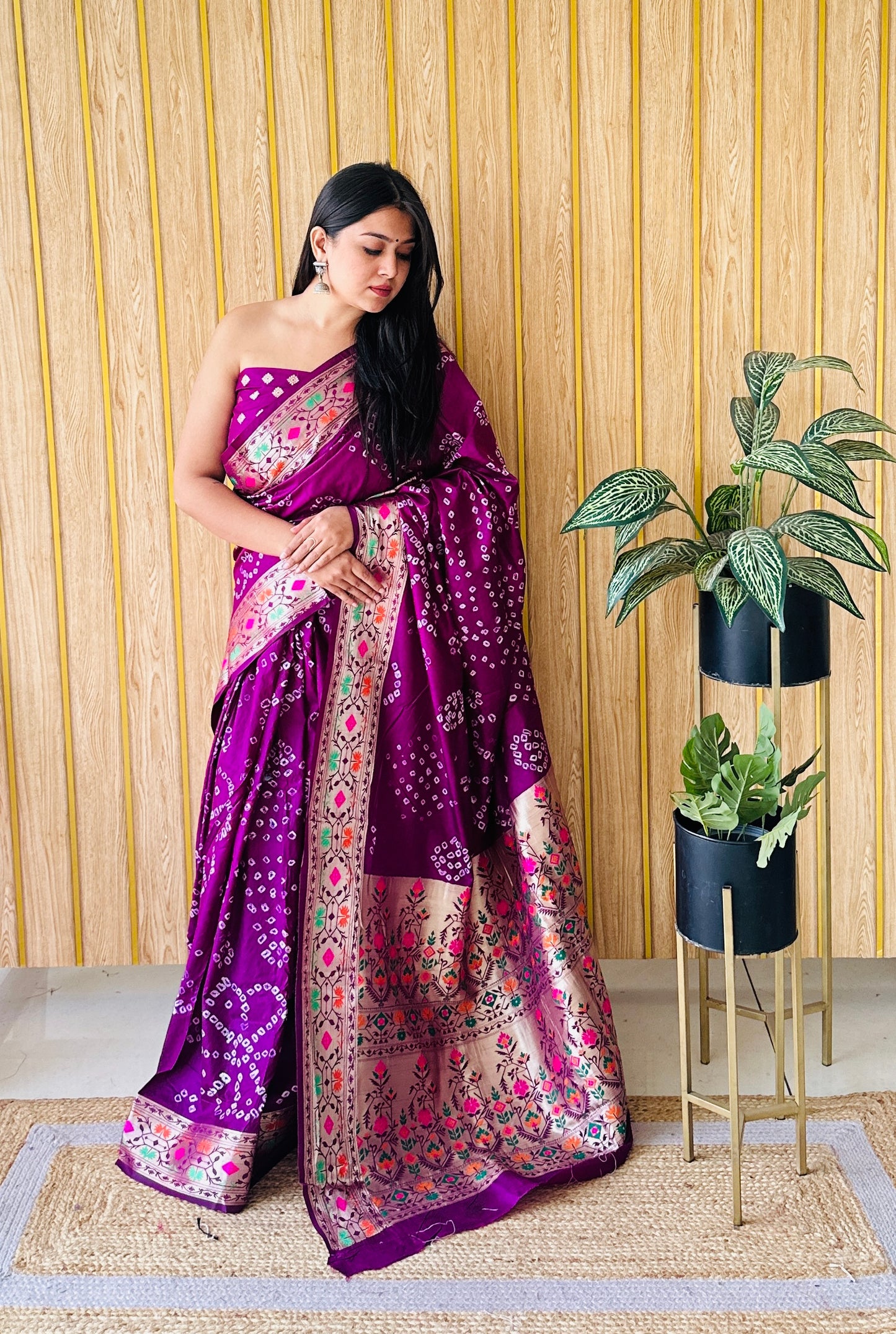 Purple Deewani Pure Bandhej Silk Saree With Patola Border With Zari Weaving Paithani Rich Pallu Saree