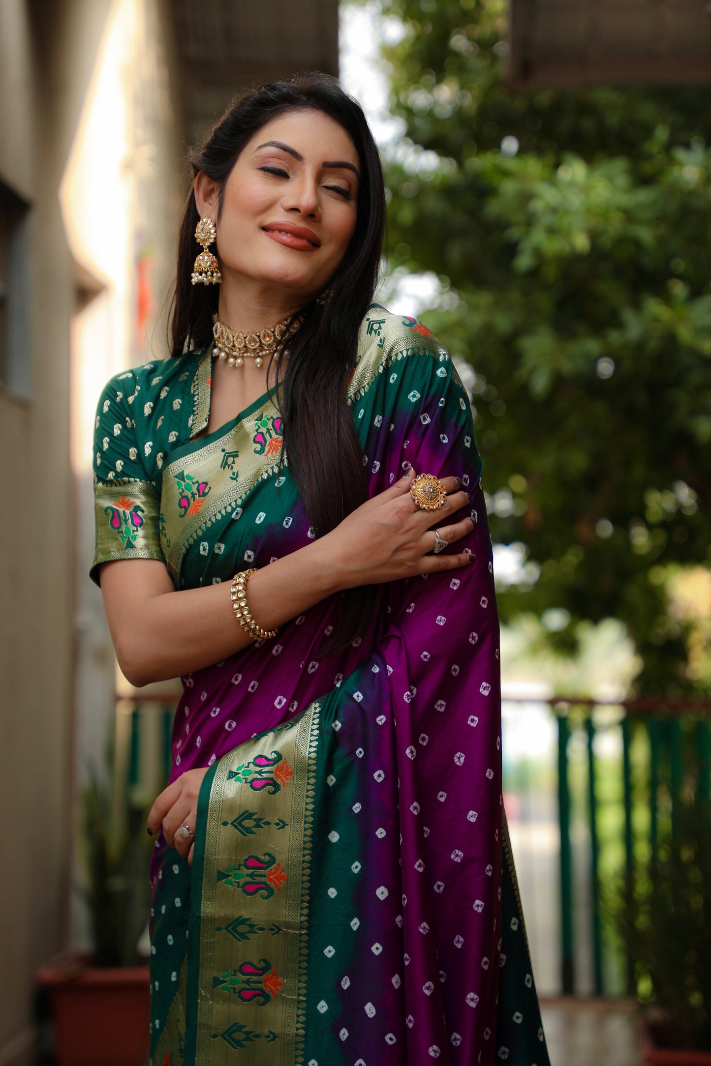 Purple Chandani Dola Soft Silk Bandhej Sarees Jari Paithani Weaving Border & Weaving Paithani Style Rich Pallu