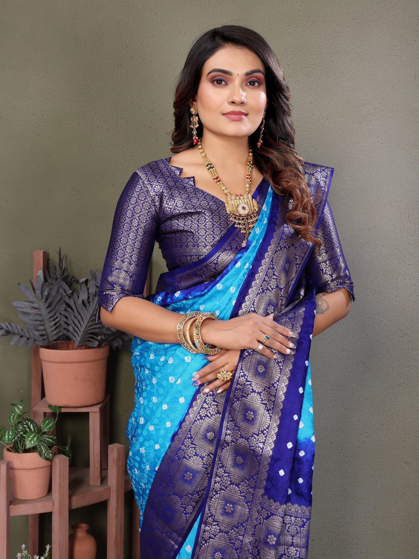 Sky Satyavati Bandhej Satin Silk Saree Made By Original Bandhej With Zari Weaving Border