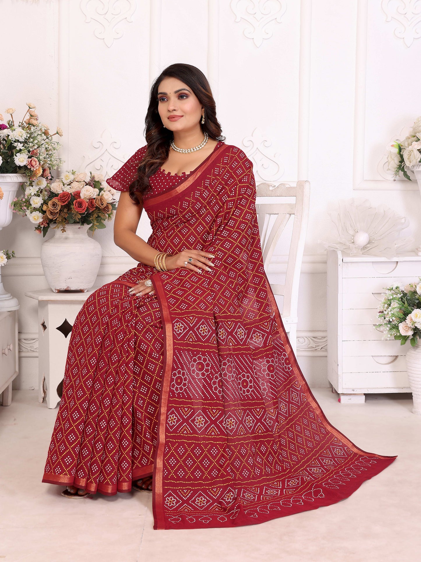 Red Amba Pure Patola And Bandhej Pattern Soft Cotton Light Weight Saree