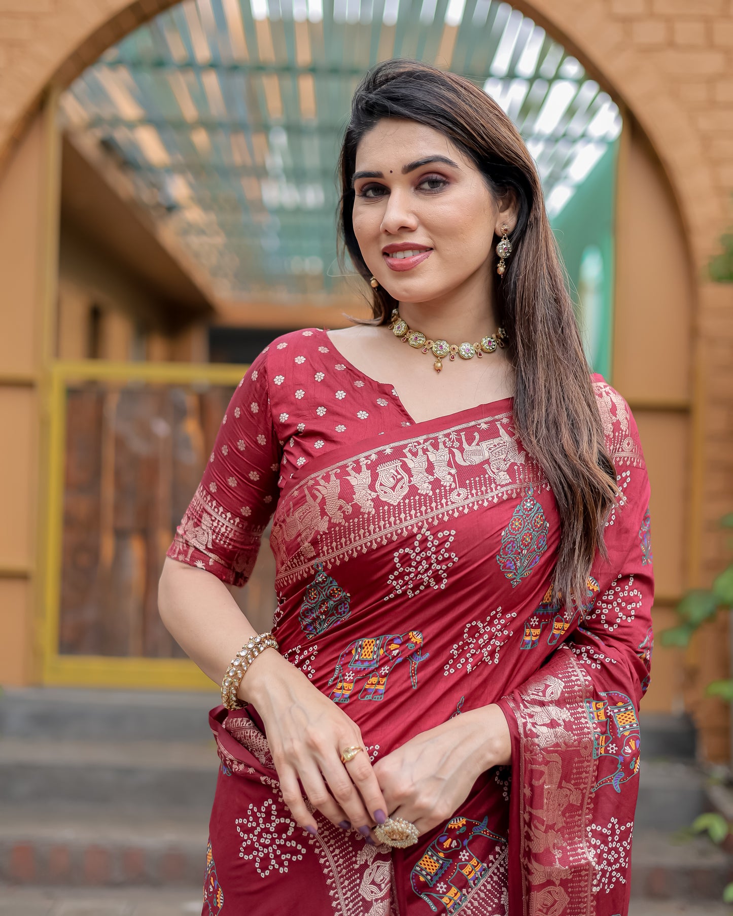 Maroon Mastani Soft Dola Silk Bandhej Print Sarees With Kanchi Weaving Border And Allover Zari Border