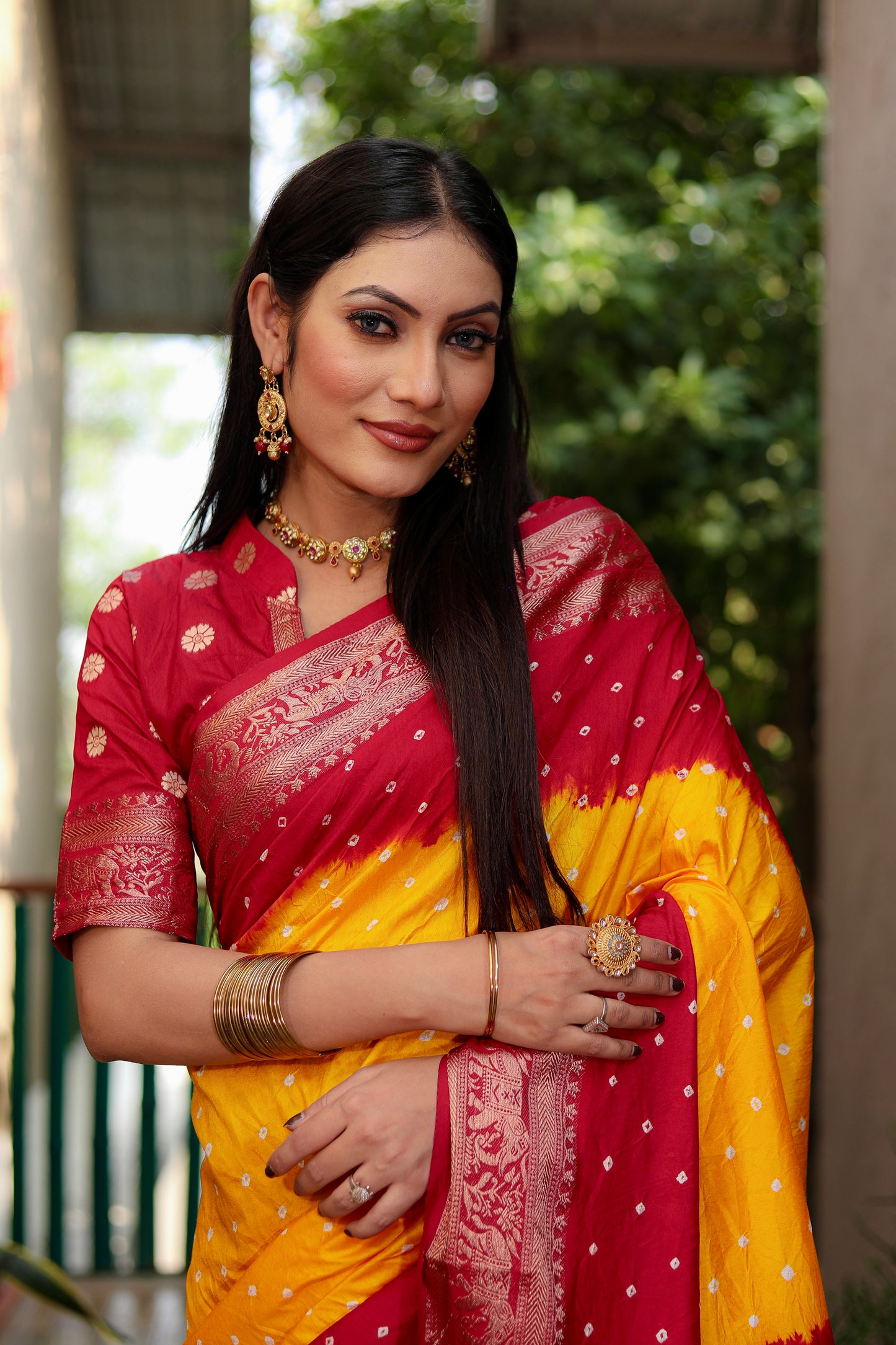 Yellow Vahini Pure Bandhej Silk Saree With Bandhej Border & Zari Weaving Rich Tissue Pallu