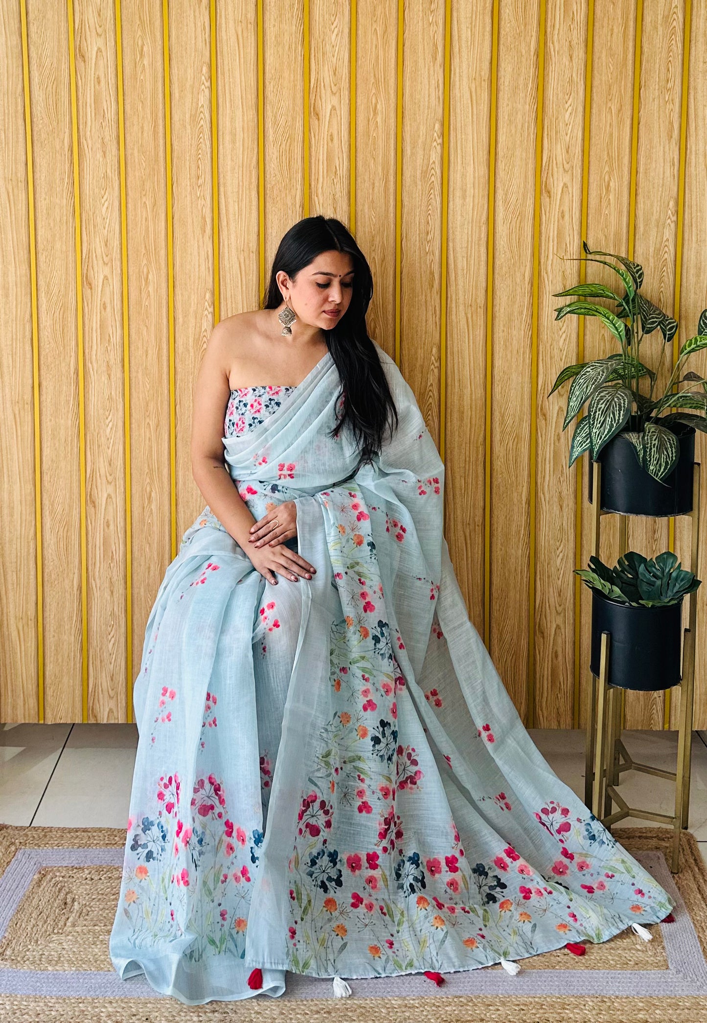 Sky Blue Ritika Soft Linen Cotton Digital Print Saree With Batik Print With Silver Border