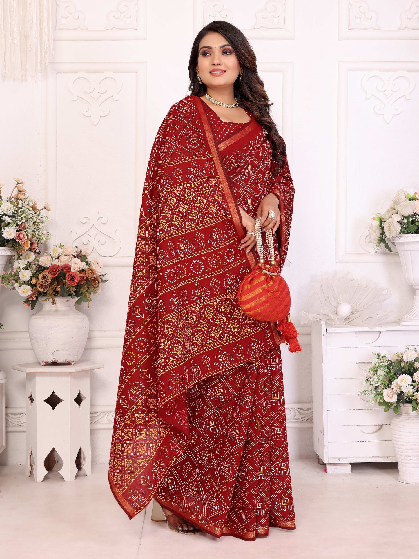 Red Ambika Pure Patola And Bandhej Pattern Soft Cotton Light Weight Saree