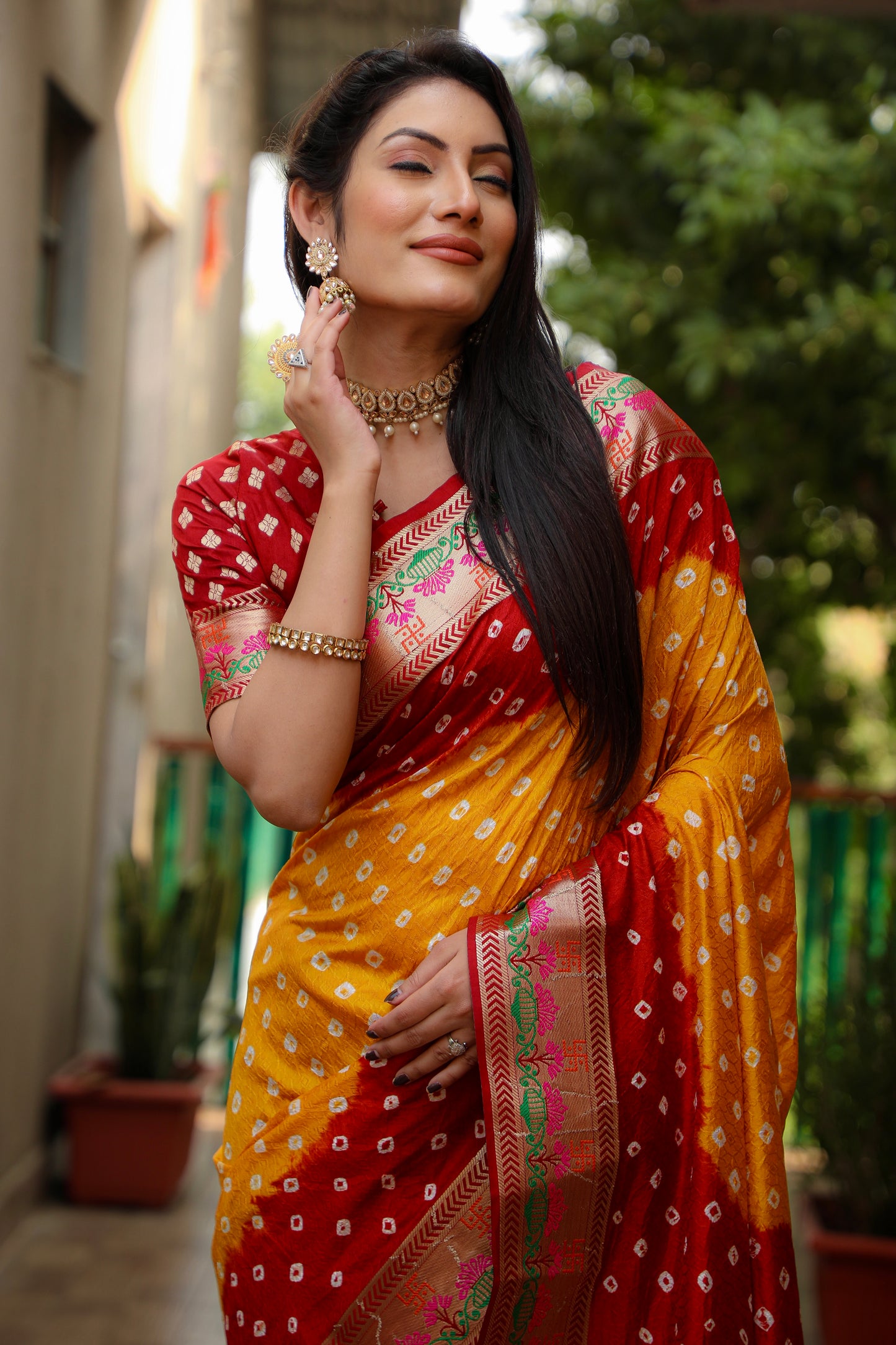 Orange Swastik Pure Bandhej Silk Saree With Minakari Border Kalash & Swastik Design Rich Pallu Saree