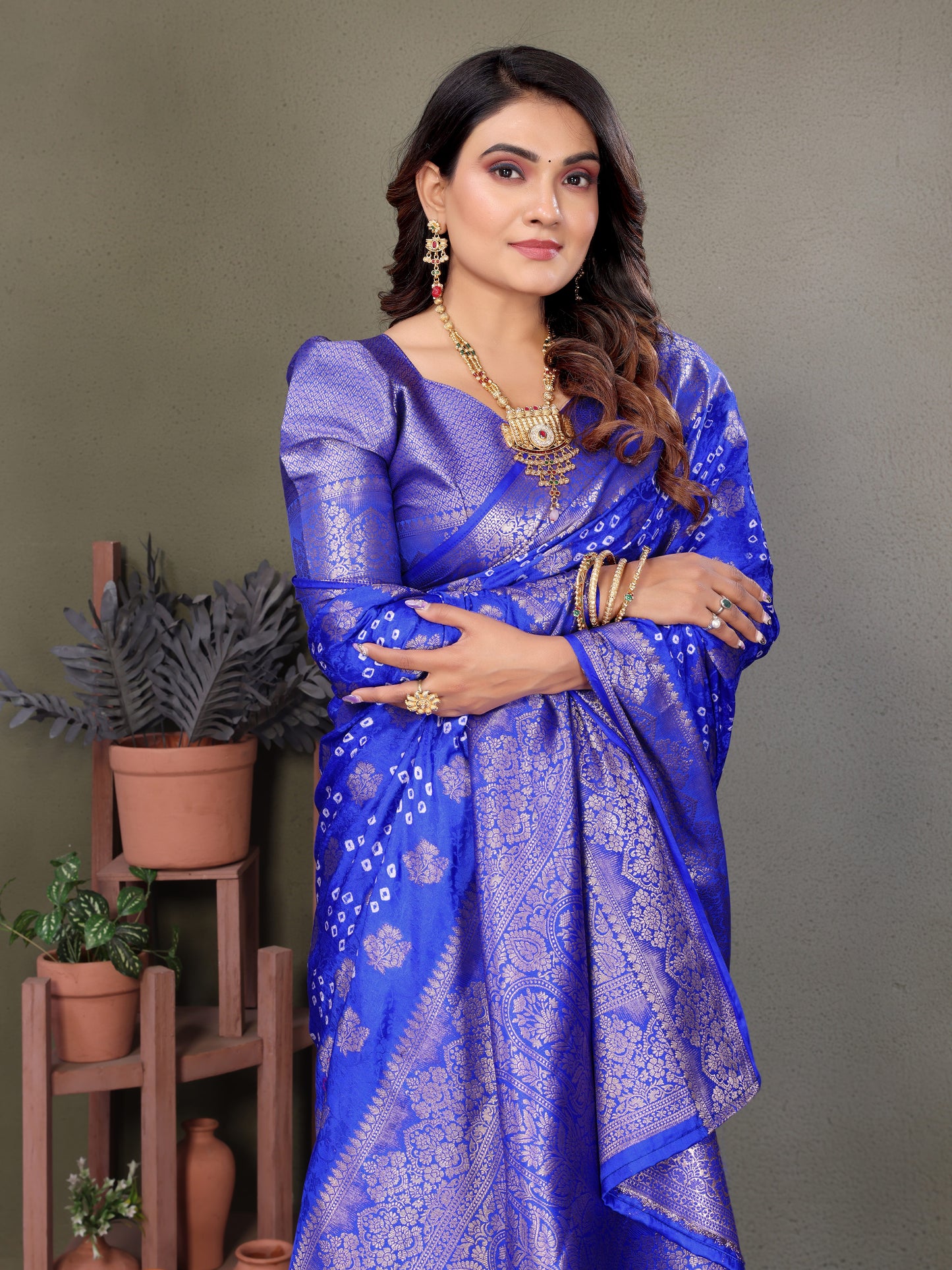 Blue Shakuntala Bandhej Silk Saree With Zari Weaving Butta & Zari Rich Pallu With Beautiful Design & Broad Border