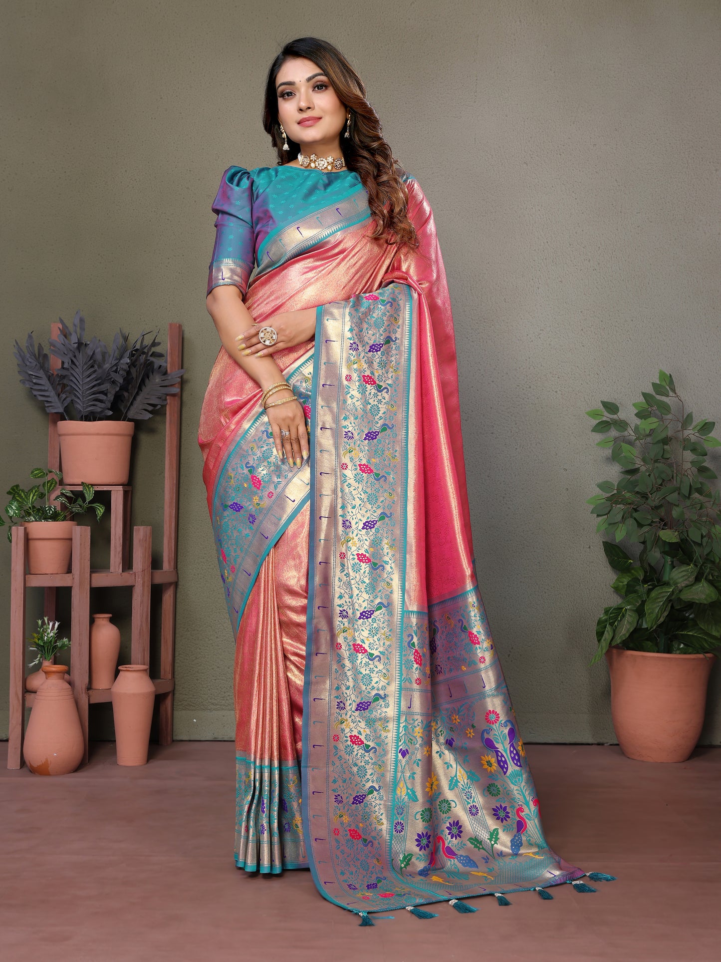 Peach Mrudangi Pure Banarasi Tissue silk sarees contrast Paithani woven border classic pallu