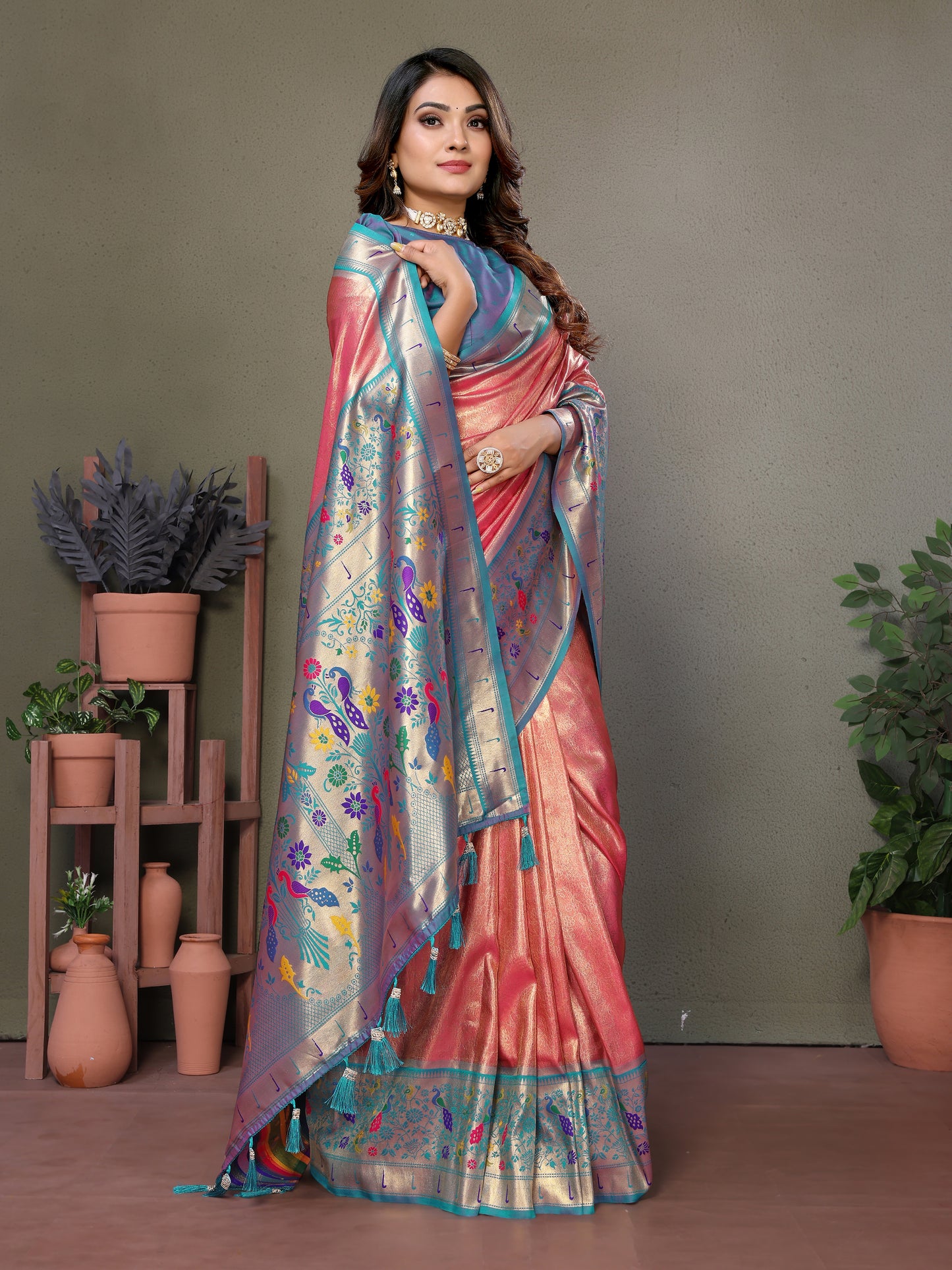 Peach Mrudangi Pure Banarasi Tissue silk sarees contrast Paithani woven border classic pallu