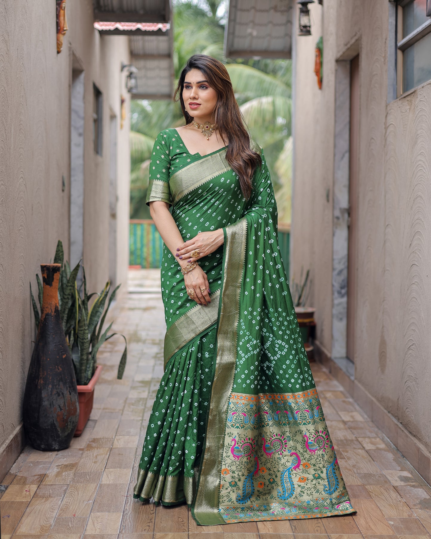 Green Yashomati Dola Soft Silk Bandhej Sarees With Awesome Two Sides Jari Border & Paithani Style Rich Pallu
