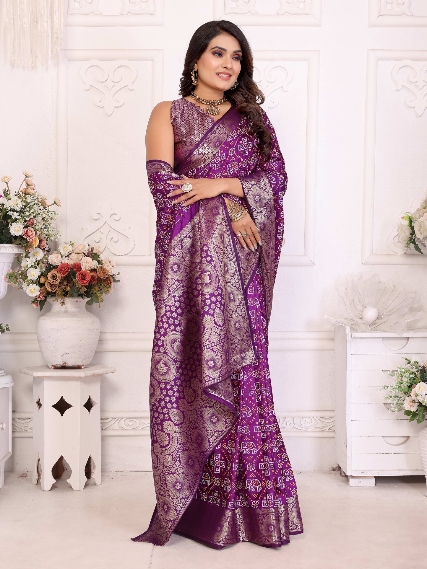 Purple Samshira Soft Satin Silk Bandhej Print Saree With Zari Border Design And Having Rich Pallu