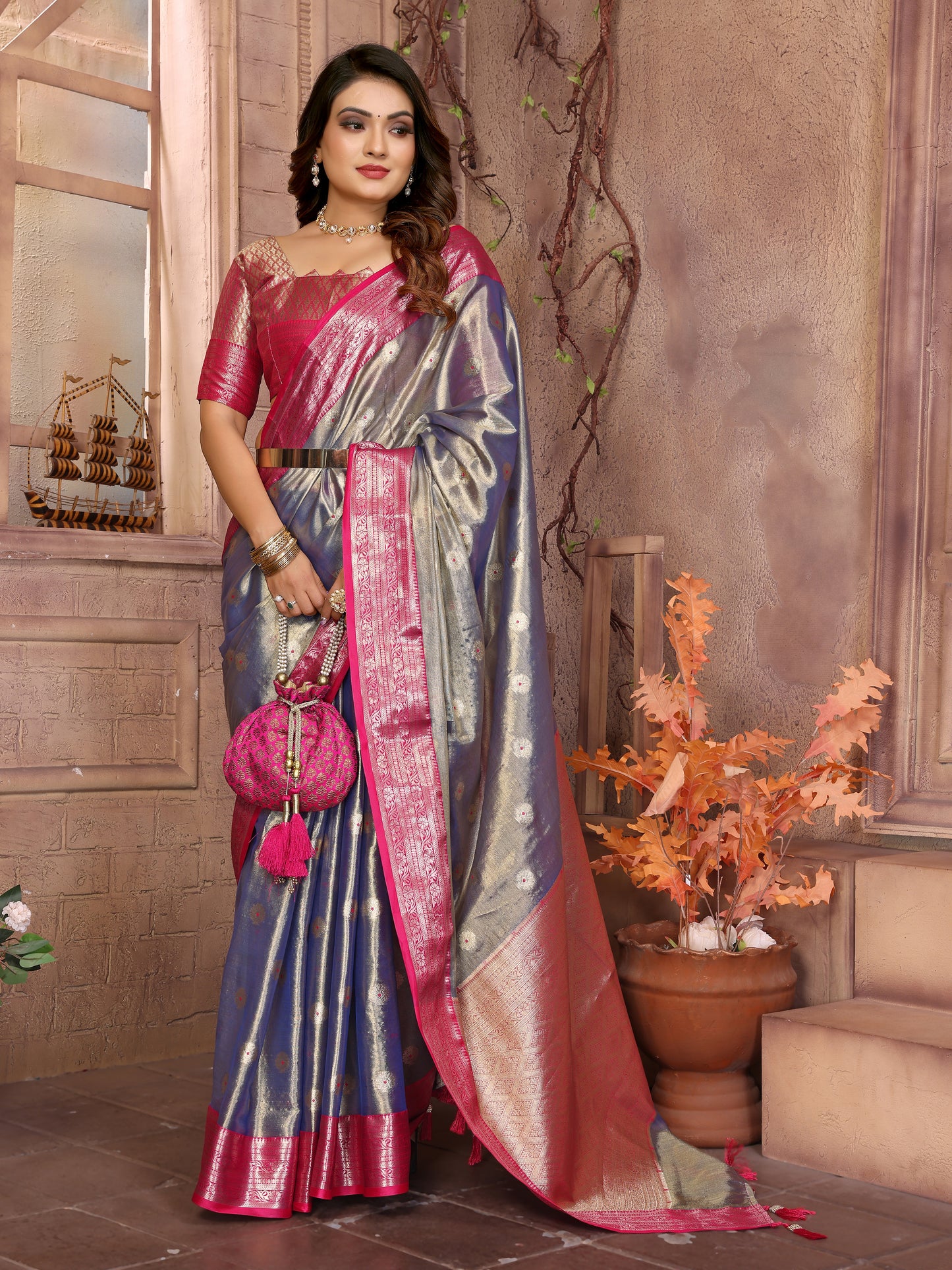 Gray Anita Handloom Tissue Silk Sarees with Zari Weaving Designs and Zari borders Rich Pallu