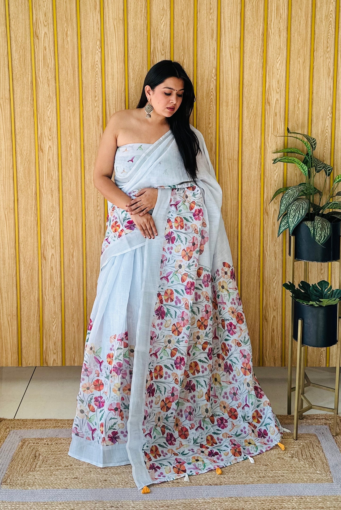 Gray Mayuri Soft Linen Cotton Digital Print Saree With Batik Print With Silver Border