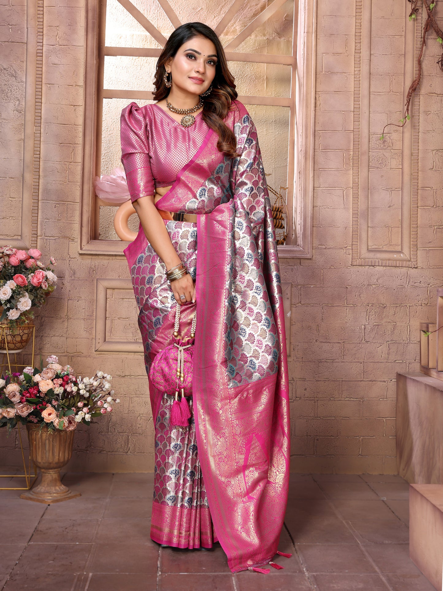 Gray Chaturi-1 Banarasi Chaturi silk saree Jari weaving Border and Weaving rich pallu