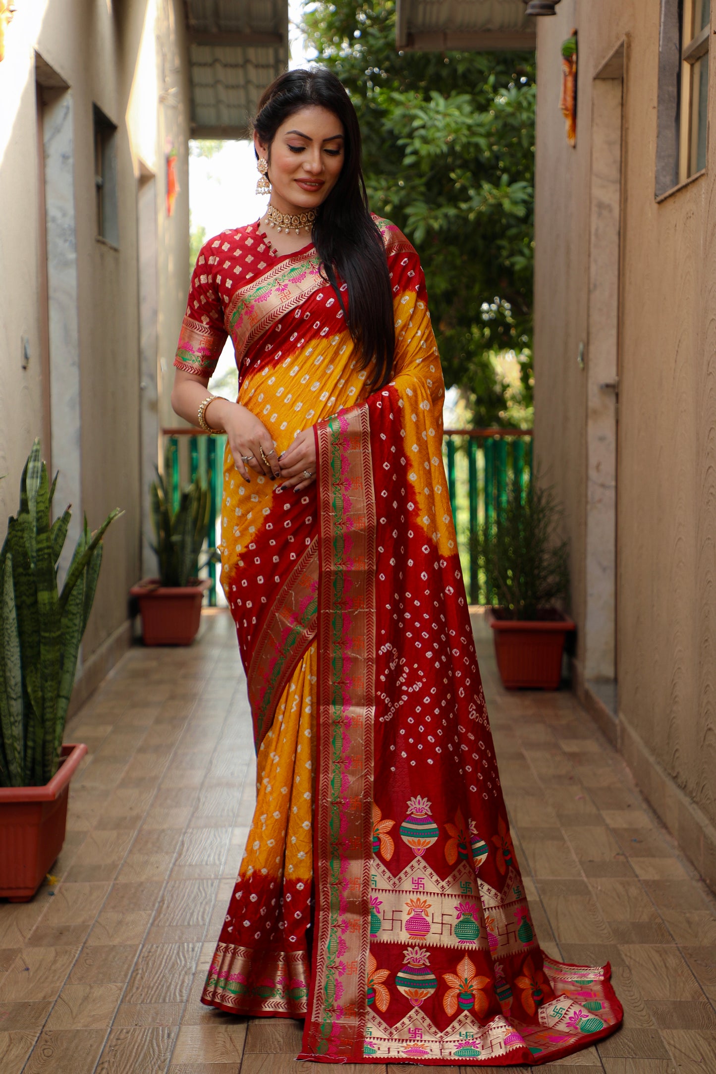 Orange Swastik Pure Bandhej Silk Saree With Minakari Border Kalash & Swastik Design Rich Pallu Saree