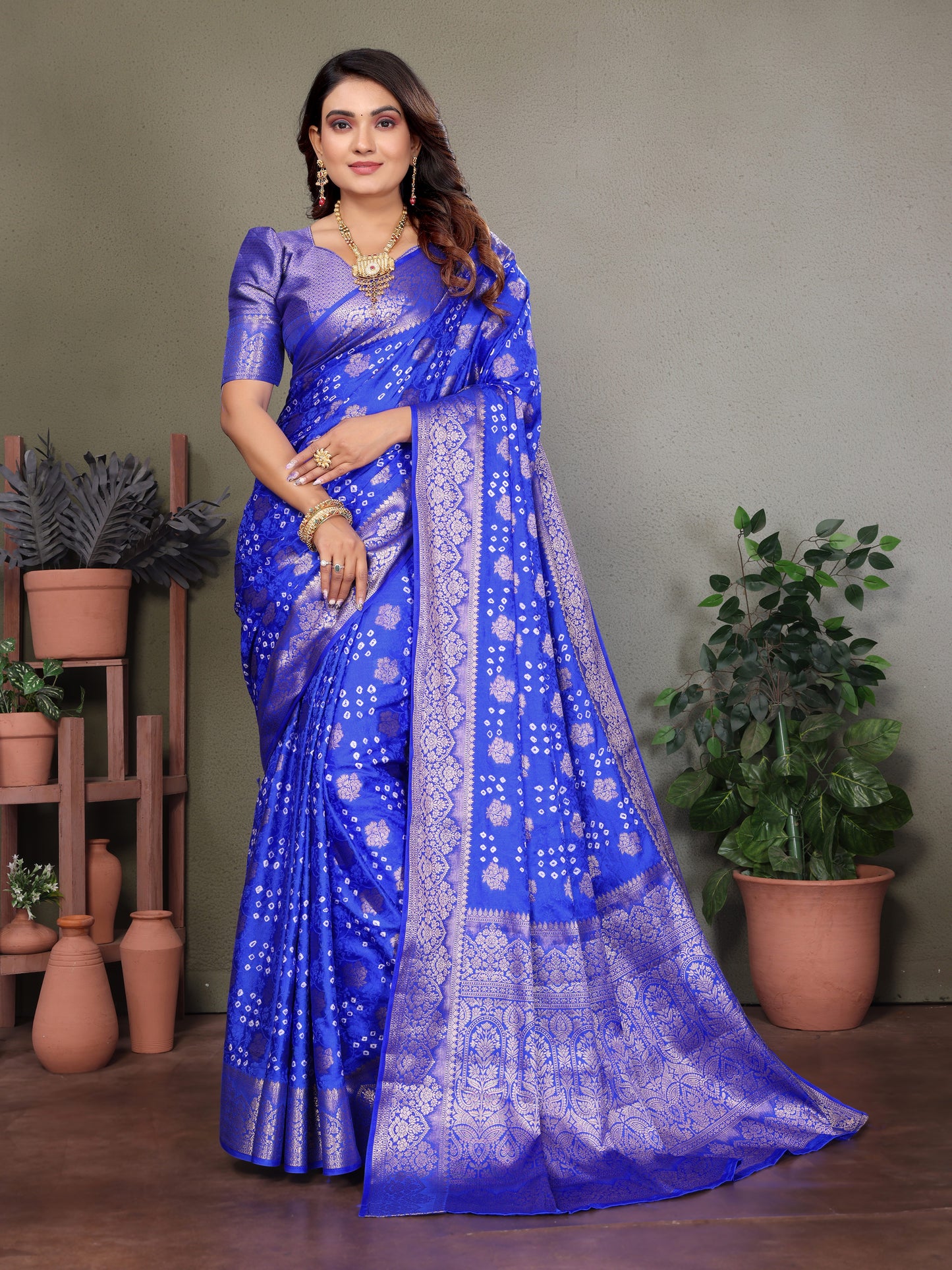 Blue Shakuntala Bandhej Silk Saree With Zari Weaving Butta & Zari Rich Pallu With Beautiful Design & Broad Border