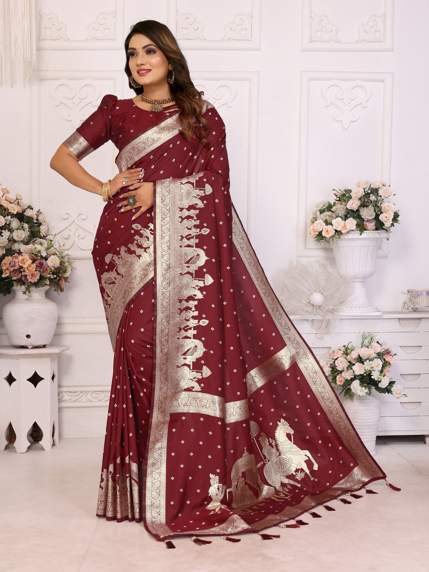 Maroon Heena summer kochi silk saree with beautiful Bandhej weaving work soft comfy....