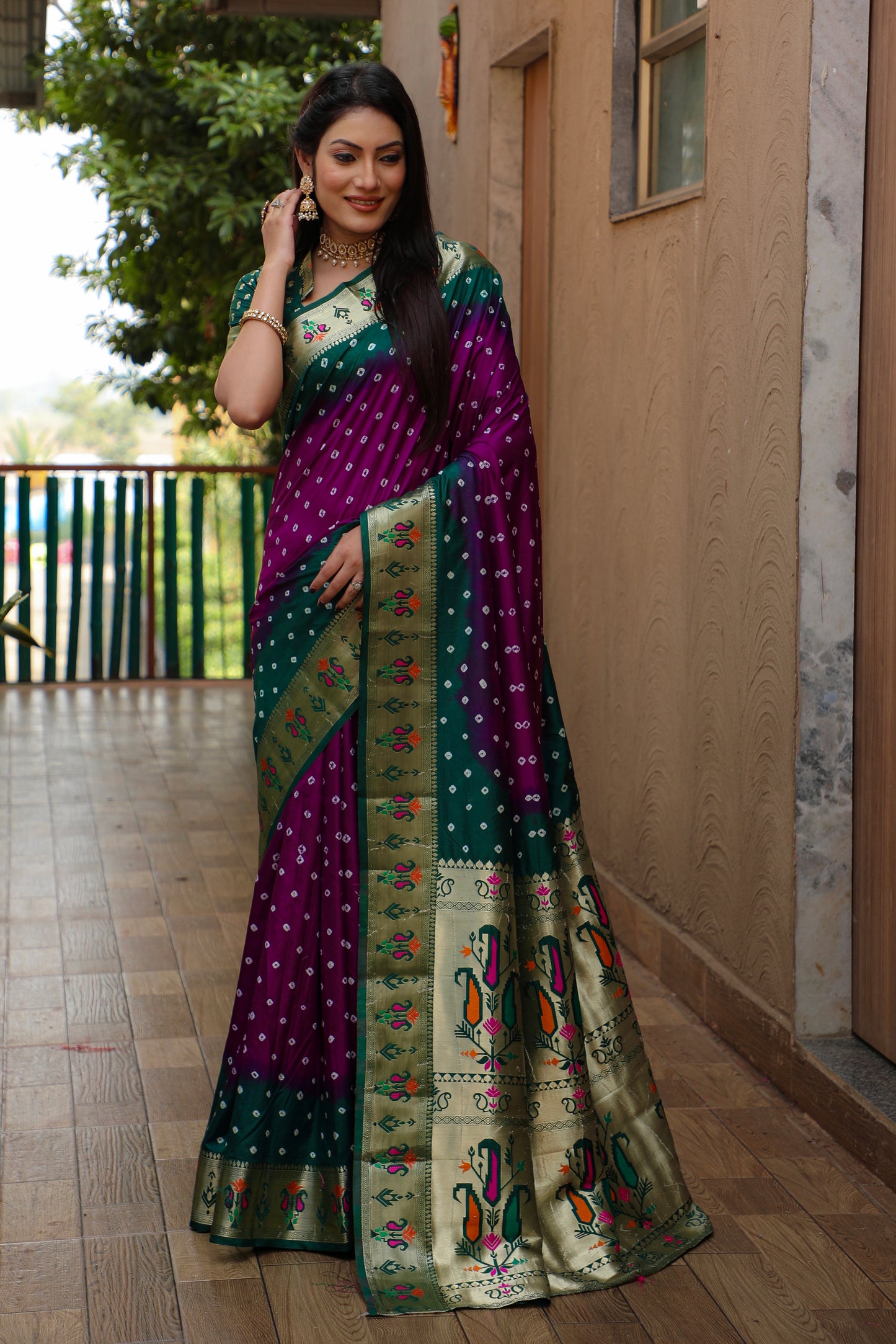Purple Chandani Dola Soft Silk Bandhej Sarees Jari Paithani Weaving Border & Weaving Paithani Style Rich Pallu