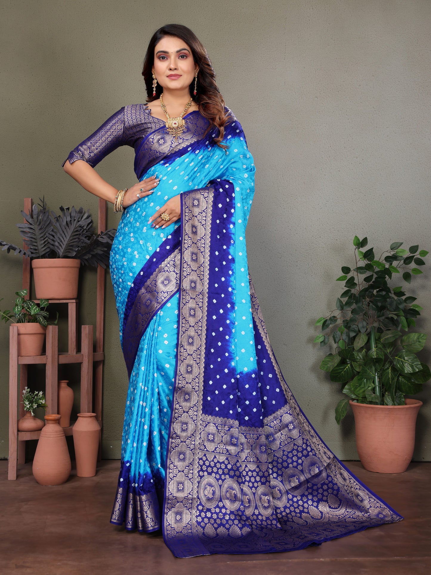 Sky Satyavati Bandhej Satin Silk Saree Made By Original Bandhej With Zari Weaving Border