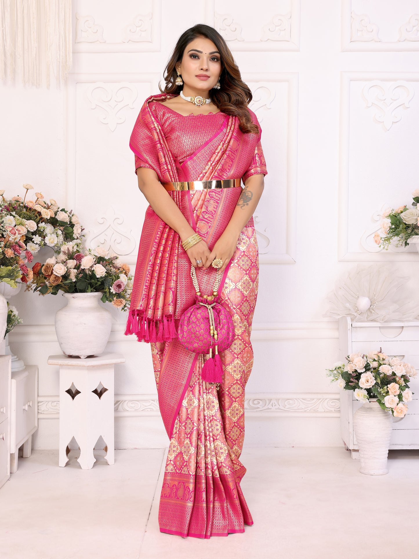 Pink-Cream Chaturi-2 Banarasi Chaturi silk saree Jari weaving Border and Weaving rich pallu