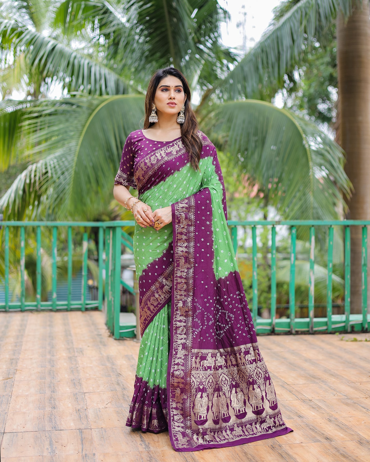 Light Green Vamika Pure Bandhej Silk Saree With Bandhej Border & Zari Weaving Rich Tissue Pallu