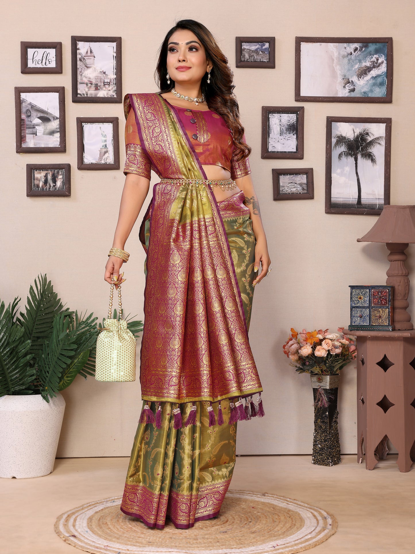 Green Hema pure Banarasi Tissues silk sarees Its soft and silky with Meenkari woven border