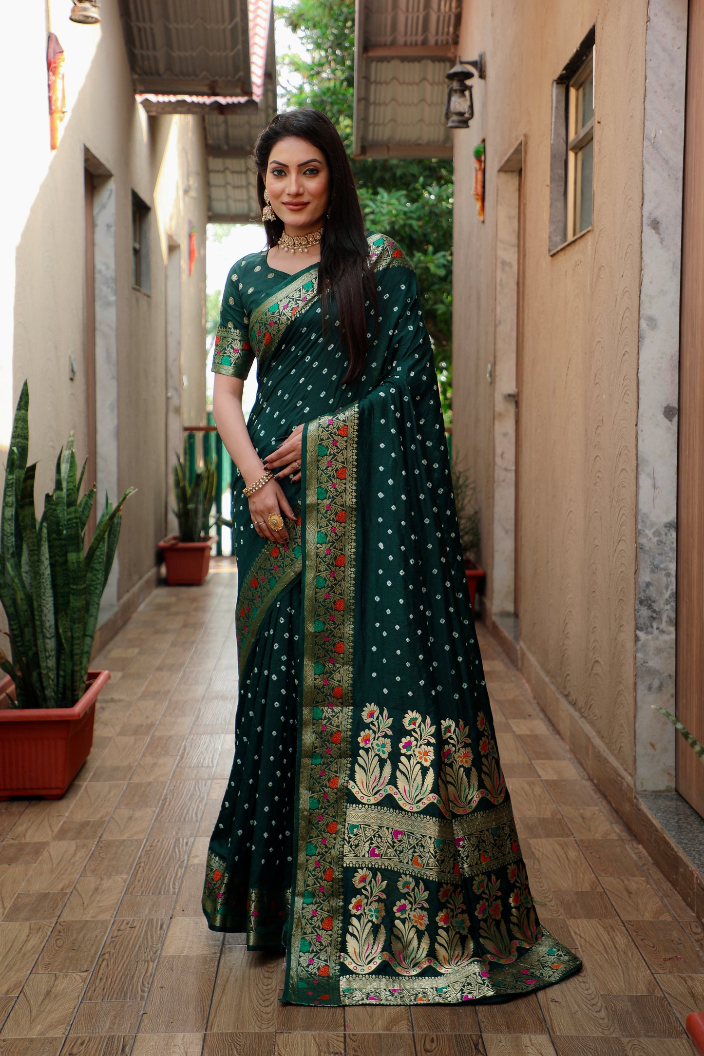 Green Nazakat Pure Bandhej Silk Saree With Patola Border Zari Weaving Paithani And Paithani Rich Pallu