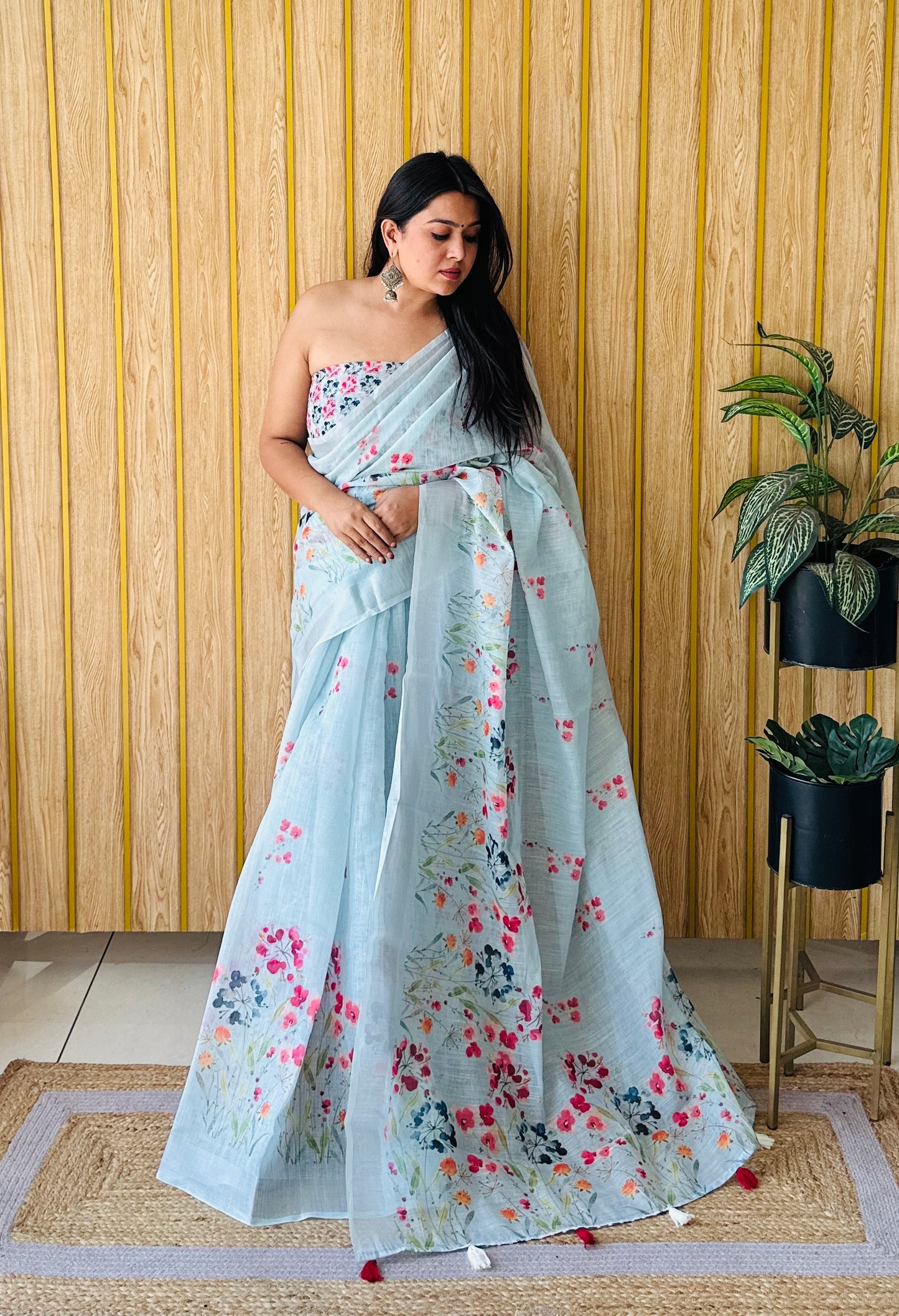 Sky Blue Ritika Soft Linen Cotton Digital Print Saree With Batik Print With Silver Border