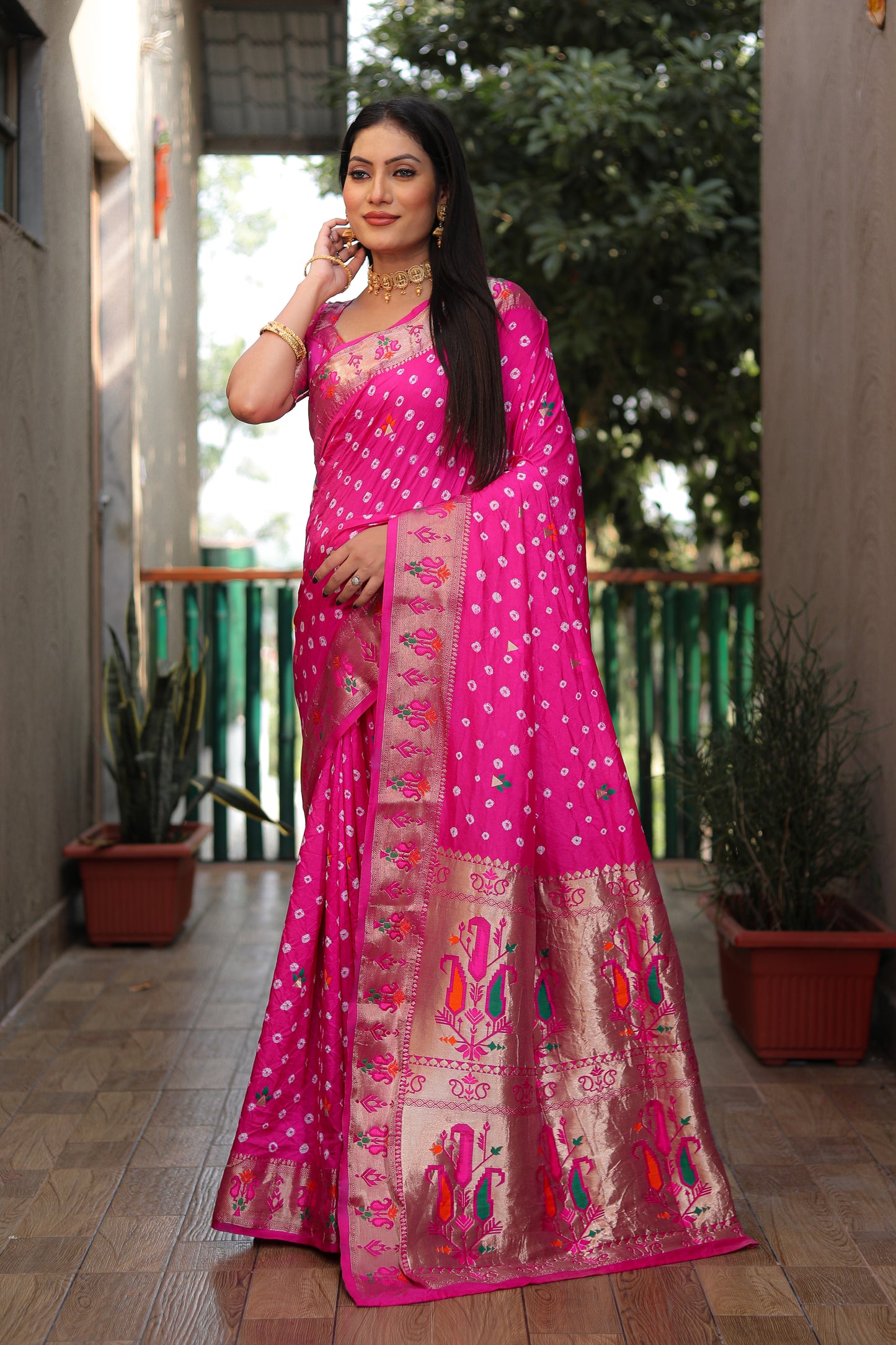Pink Yogeshwari Dola Soft Silk Bandhej Saree With Jari Border & Weaving Paithani Style Rich Pallu