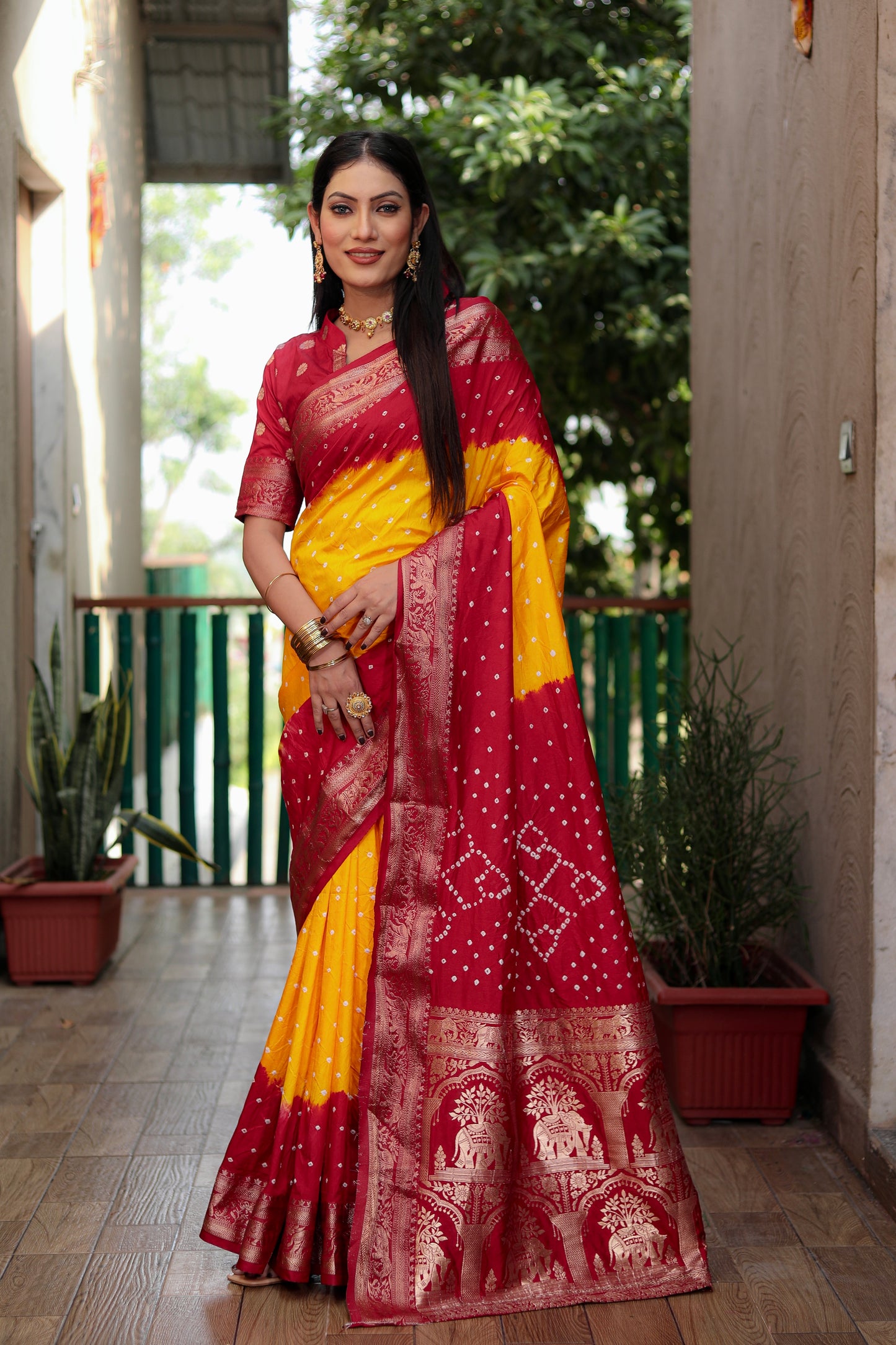 Yellow Vahini Pure Bandhej Silk Saree With Bandhej Border & Zari Weaving Rich Tissue Pallu