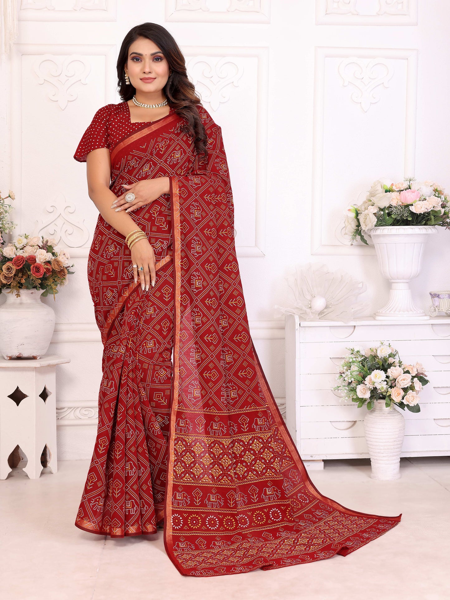 Red Ambika Pure Patola And Bandhej Pattern Soft Cotton Light Weight Saree
