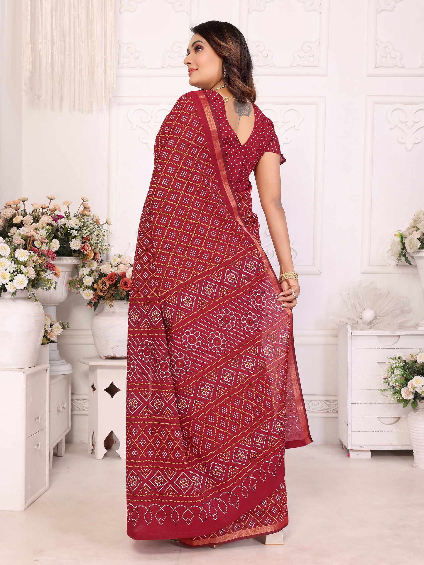 Red Amba Pure Patola And Bandhej Pattern Soft Cotton Light Weight Saree