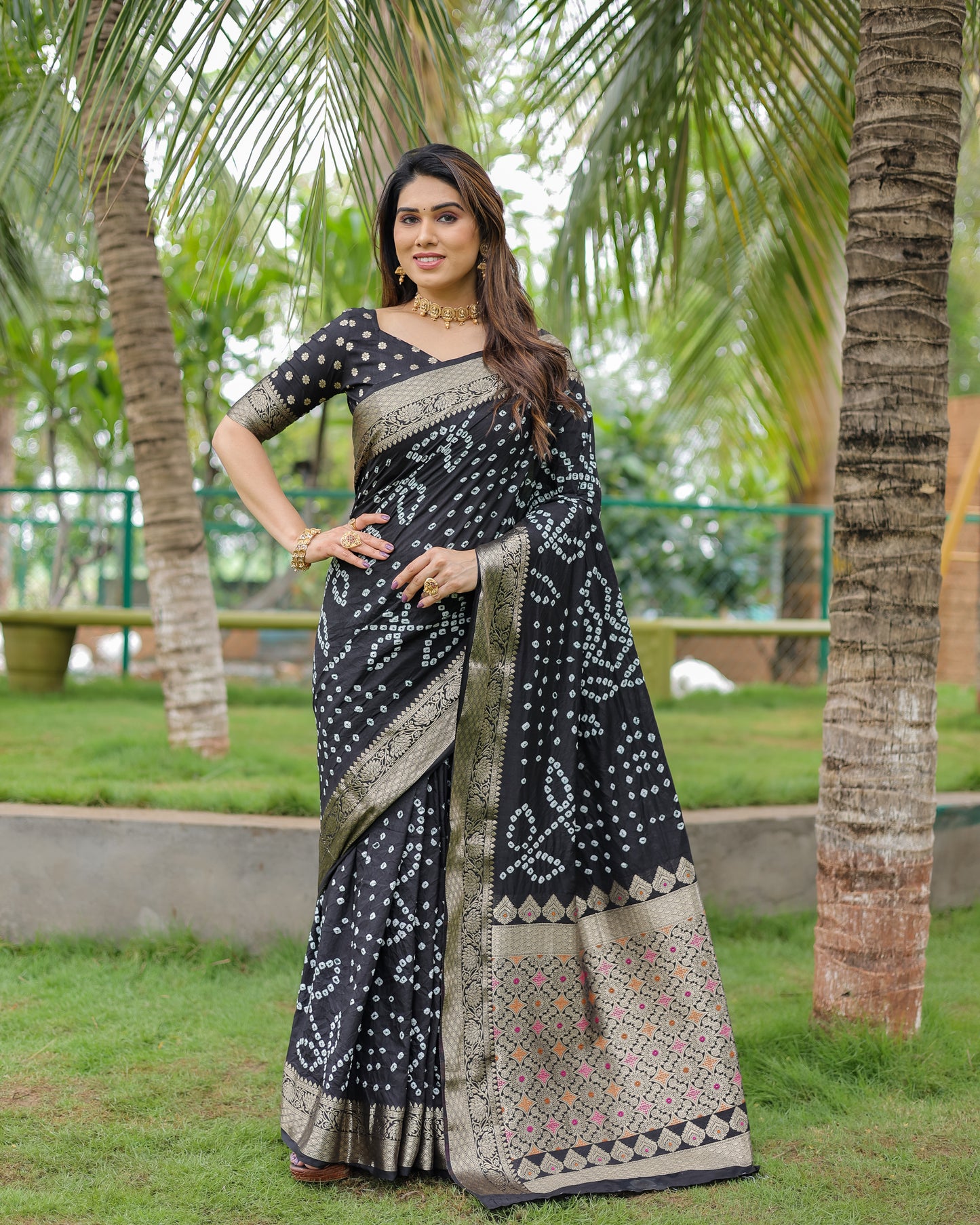 Black Padmavati Dola Soft Silk Bandhej Saree With All Over Handmade Bandhej With Jari Weaving Border