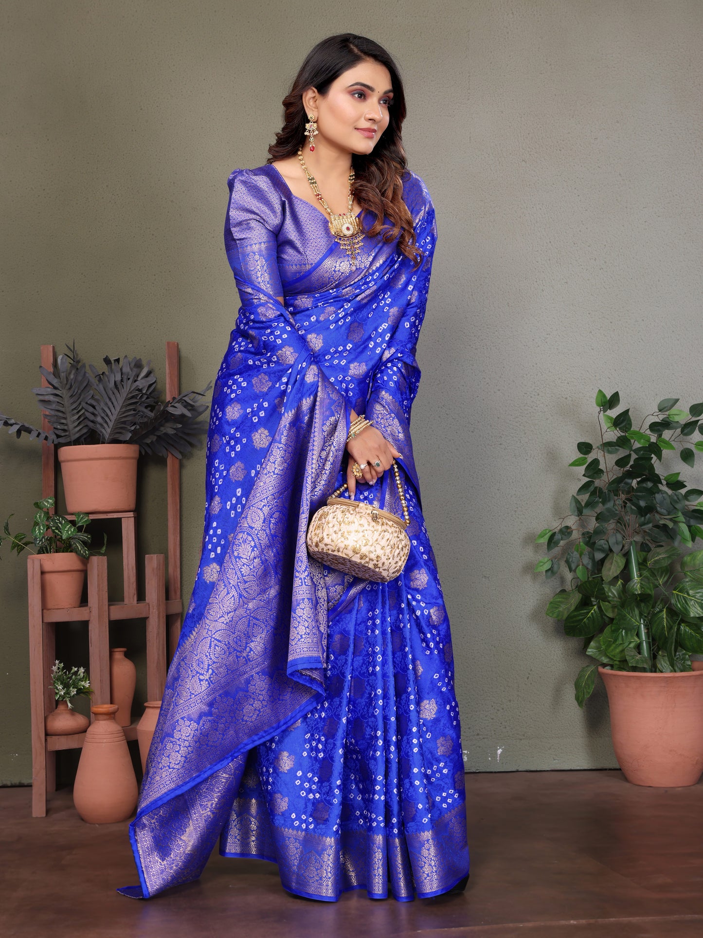 Blue Shakuntala Bandhej Silk Saree With Zari Weaving Butta & Zari Rich Pallu With Beautiful Design & Broad Border