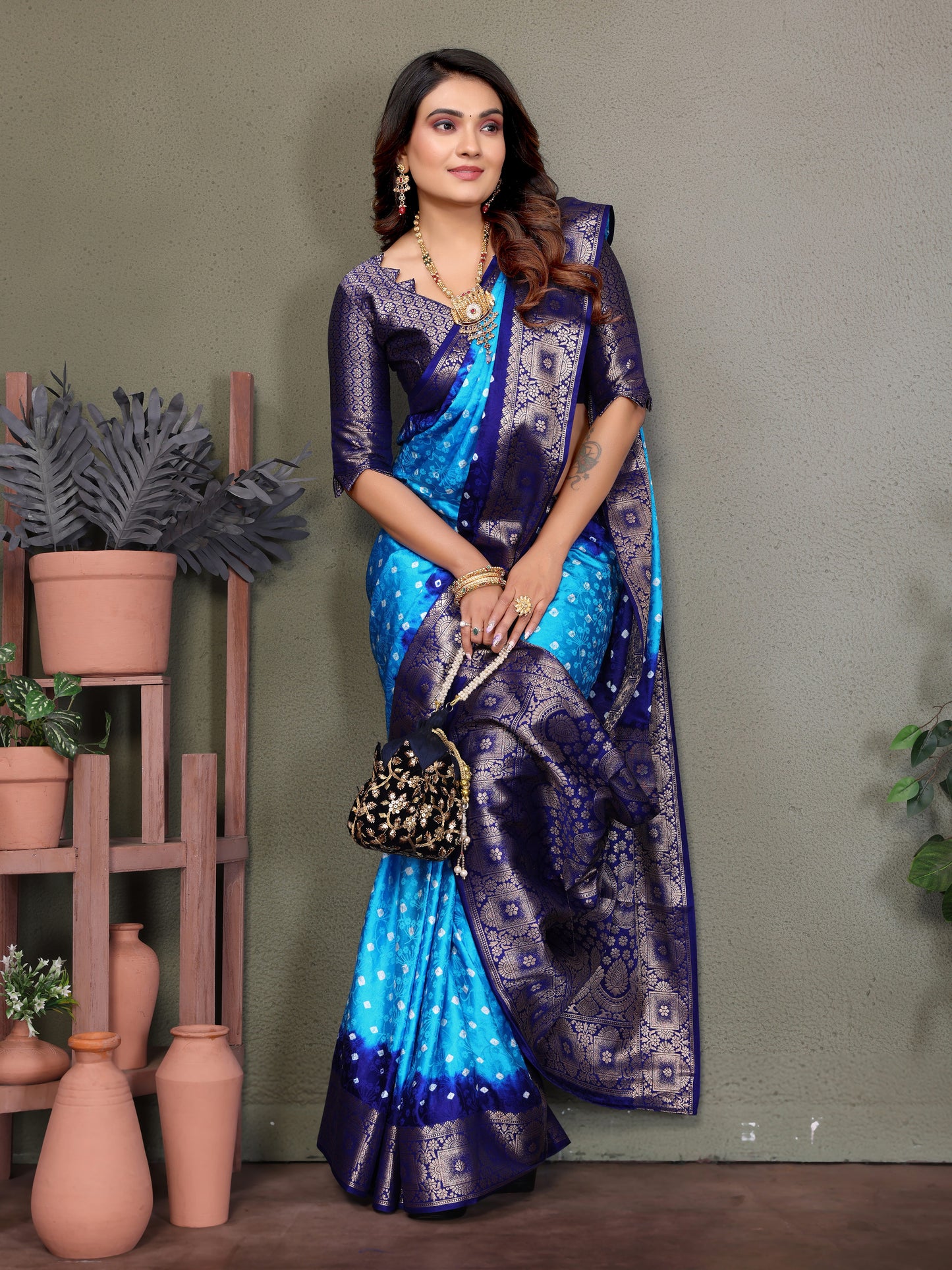 Sky Satyavati Bandhej Satin Silk Saree Made By Original Bandhej With Zari Weaving Border
