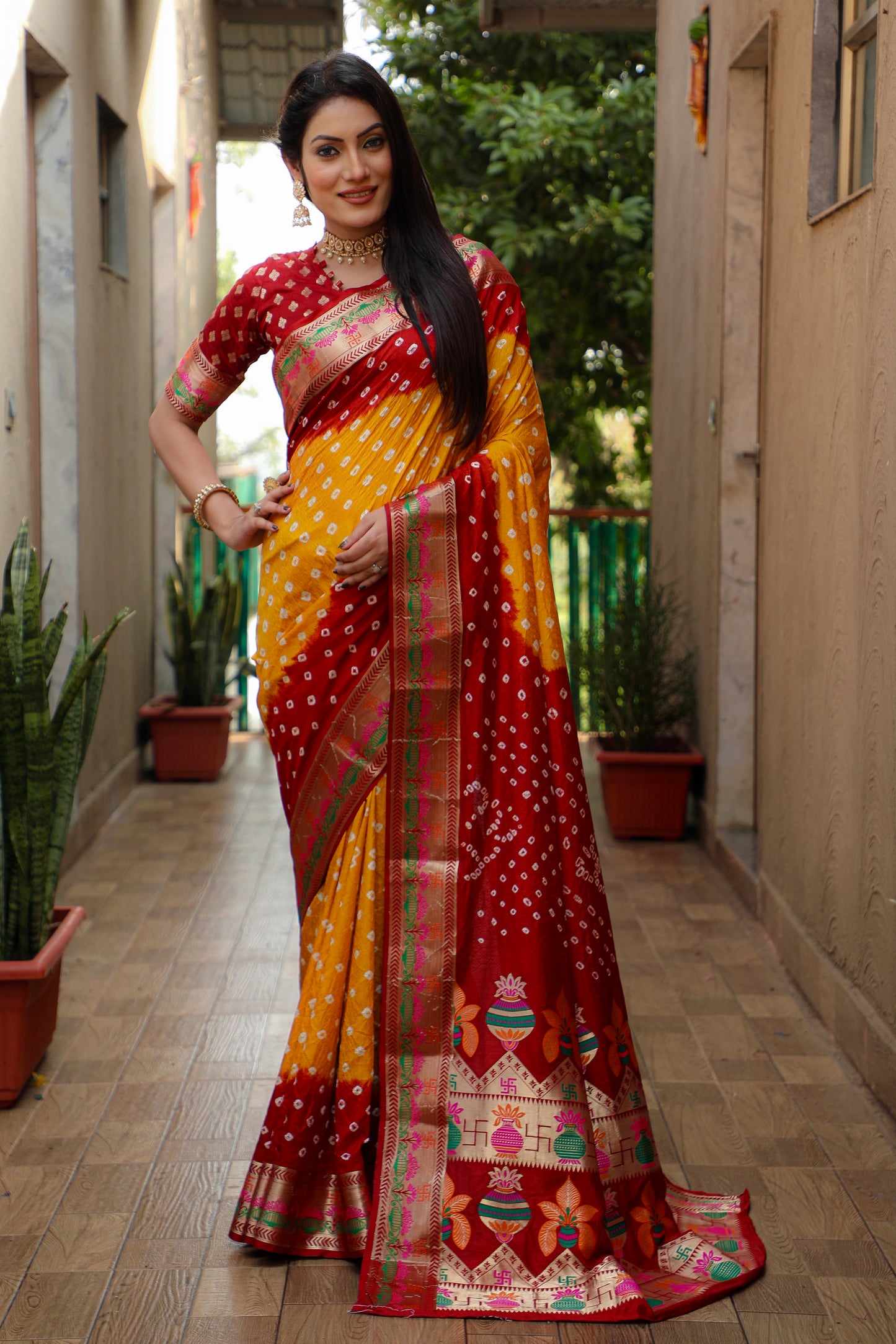 Orange Swastik Pure Bandhej Silk Saree With Minakari Border Kalash & Swastik Design Rich Pallu Saree