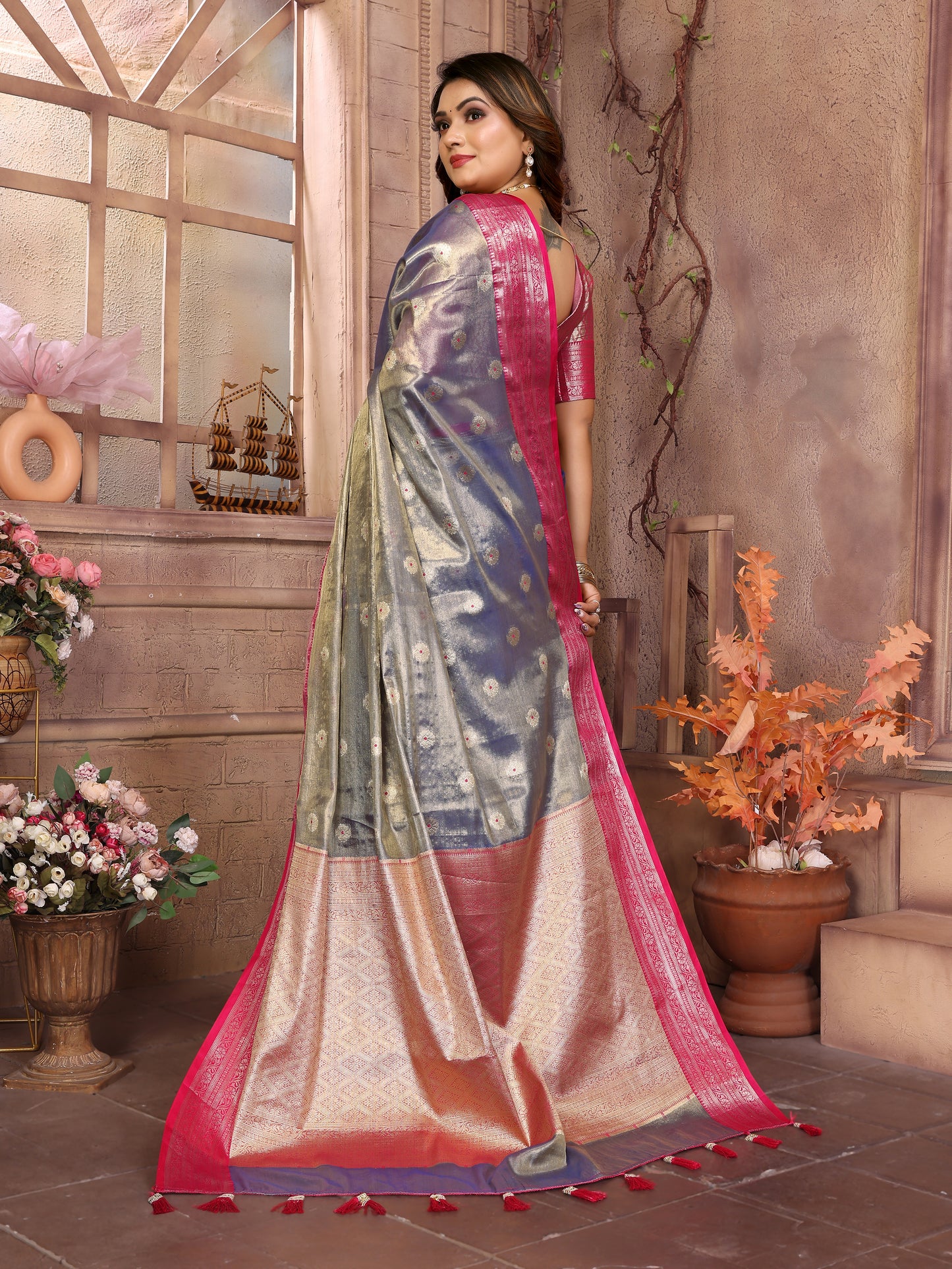 Gray Anita Handloom Tissue Silk Sarees with Zari Weaving Designs and Zari borders Rich Pallu
