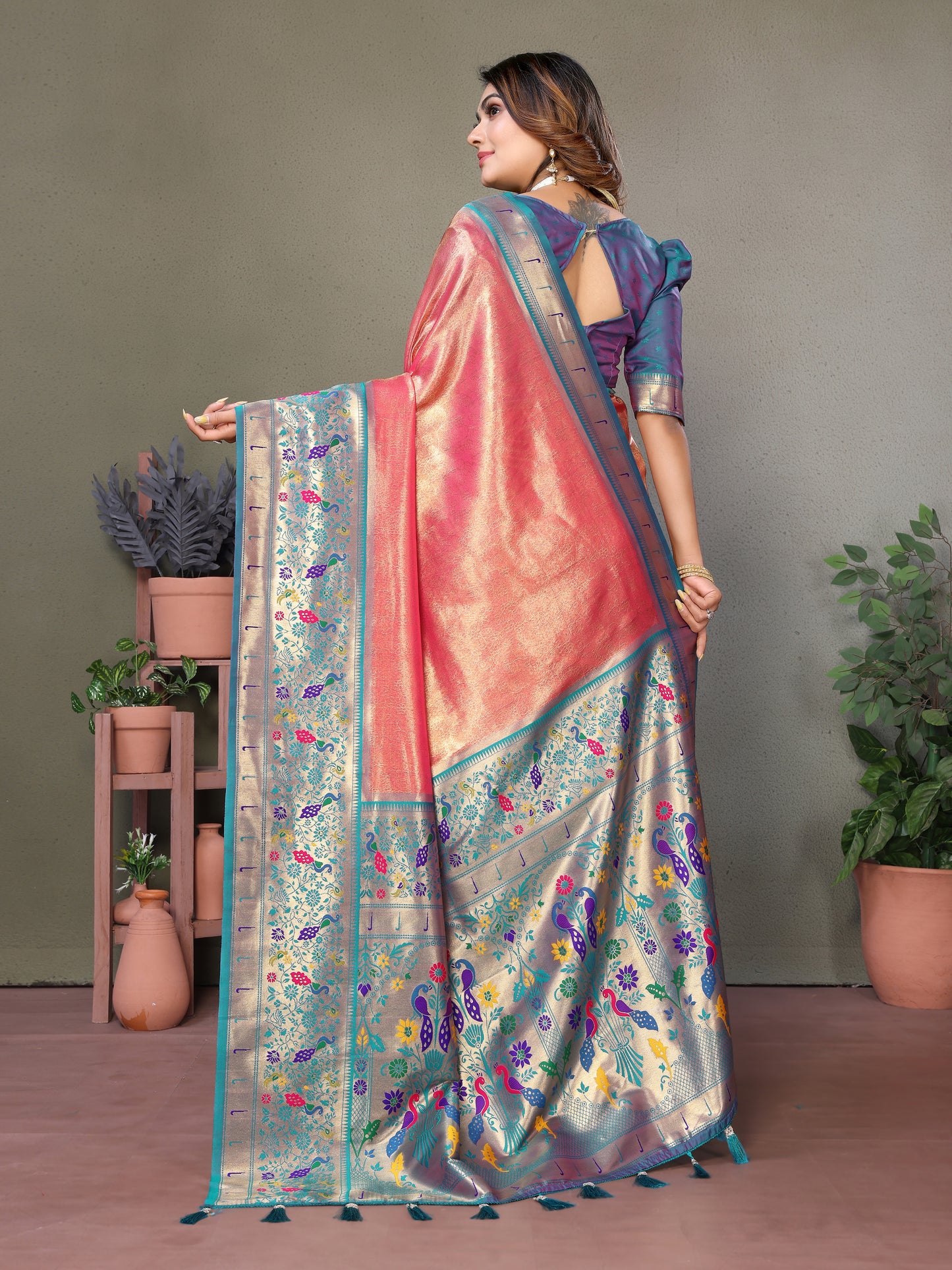 Peach Mrudangi Pure Banarasi Tissue silk sarees contrast Paithani woven border classic pallu