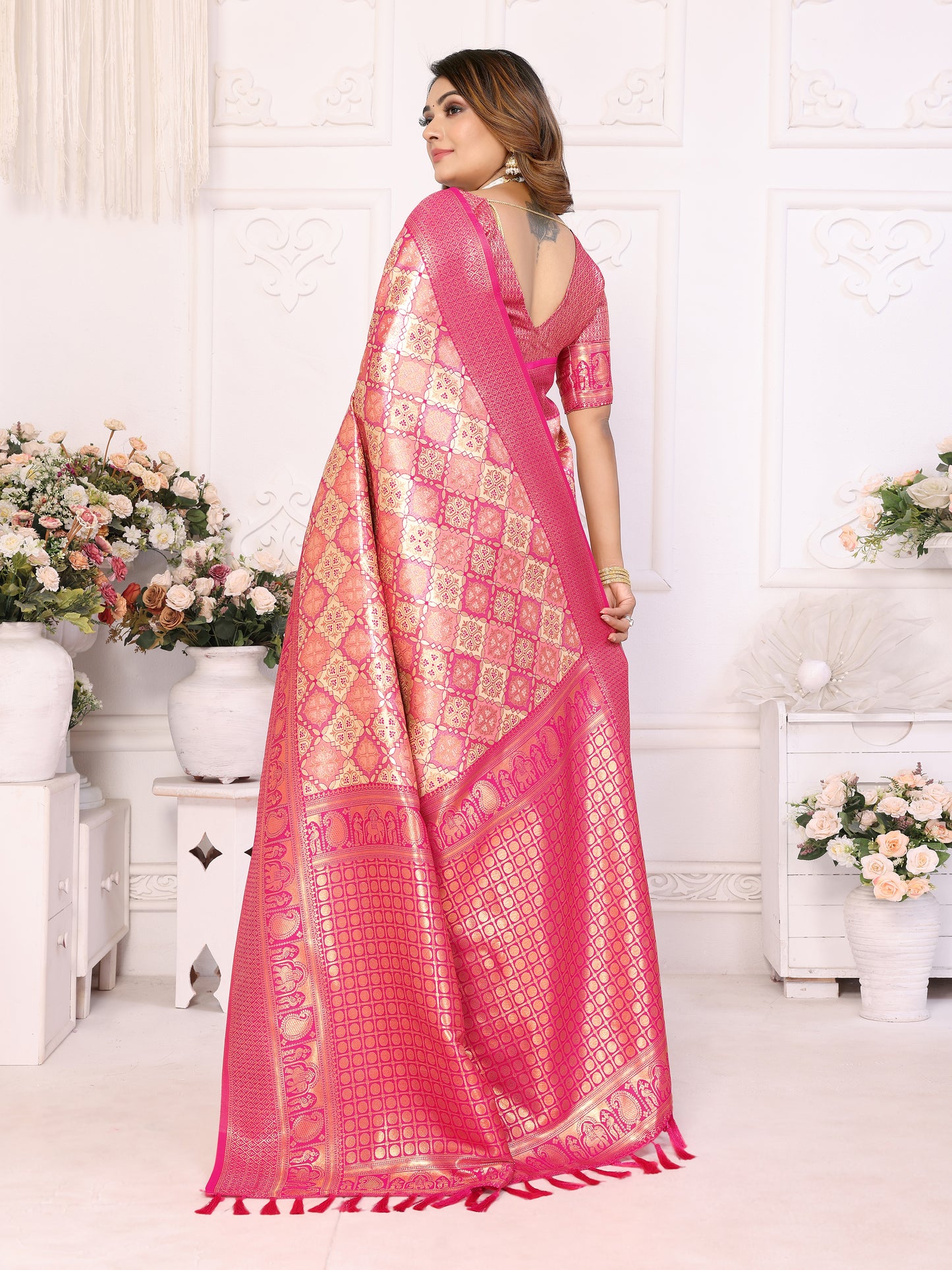 Pink-Cream Chaturi-2 Banarasi Chaturi silk saree Jari weaving Border and Weaving rich pallu