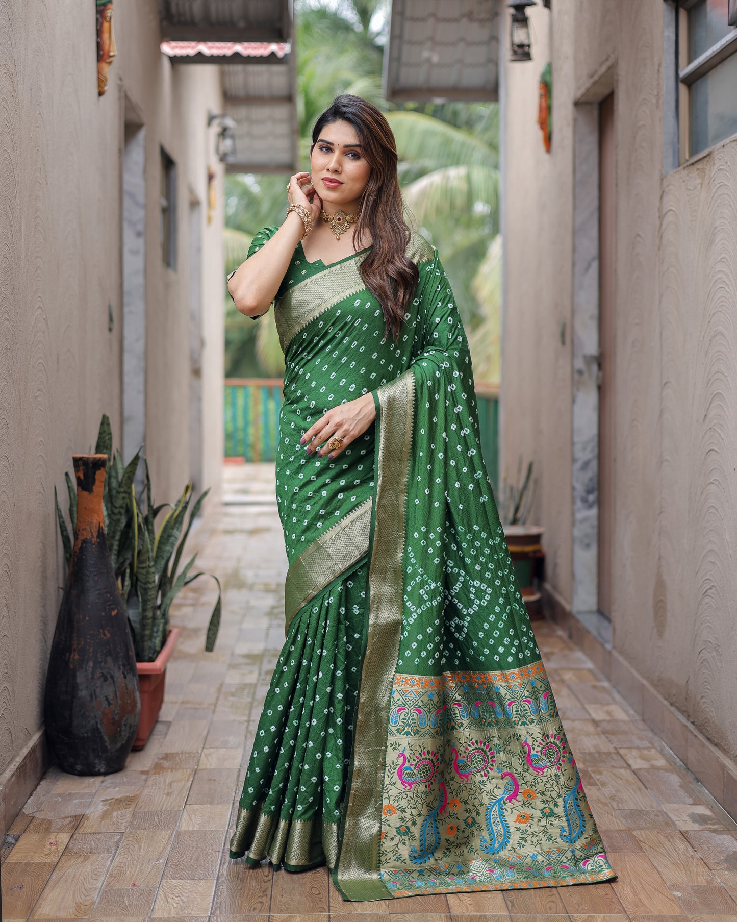Green Yashomati Dola Soft Silk Bandhej Sarees With Awesome Two Sides Jari Border & Paithani Style Rich Pallu