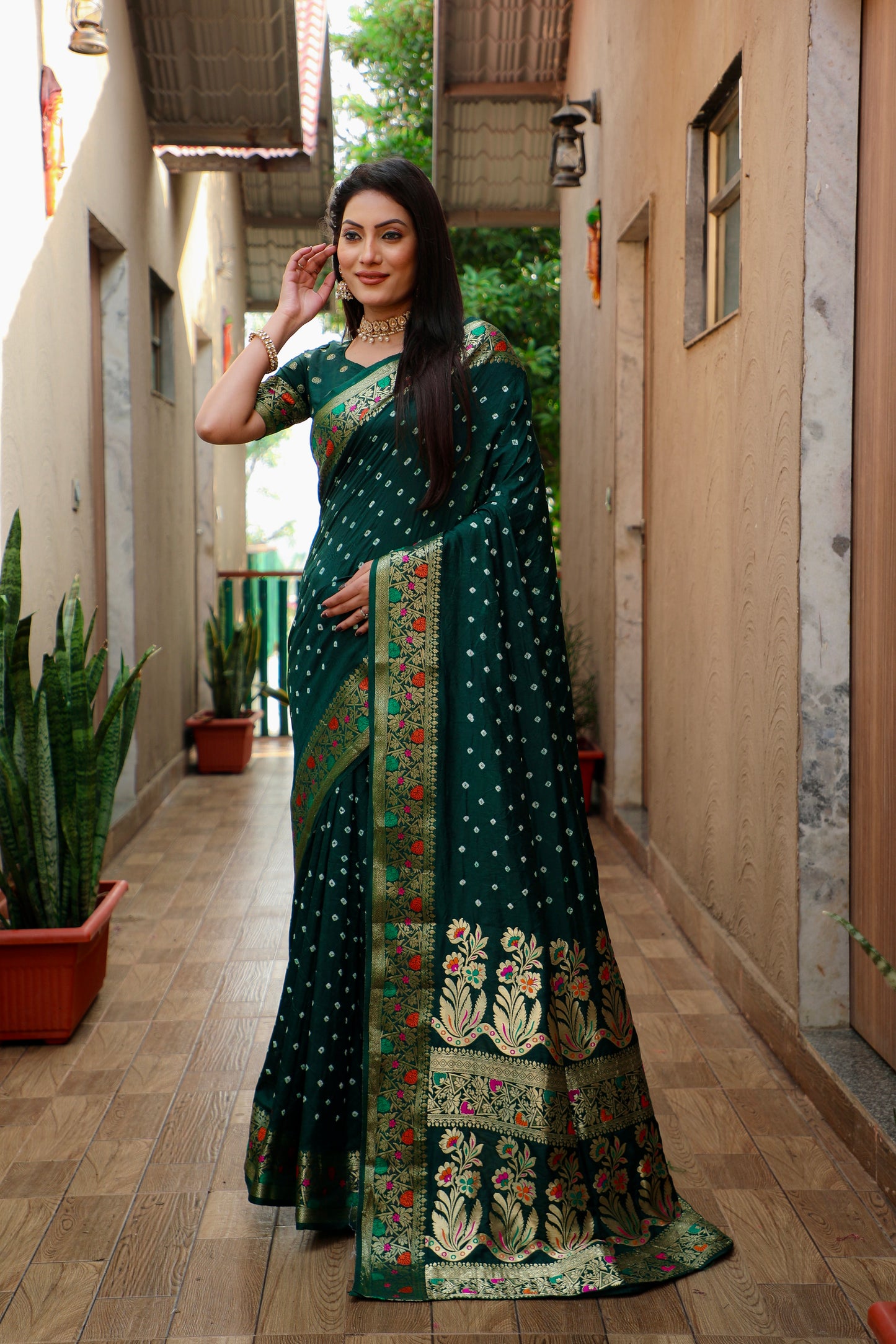 Green Nazakat Pure Bandhej Silk Saree With Patola Border Zari Weaving Paithani And Paithani Rich Pallu
