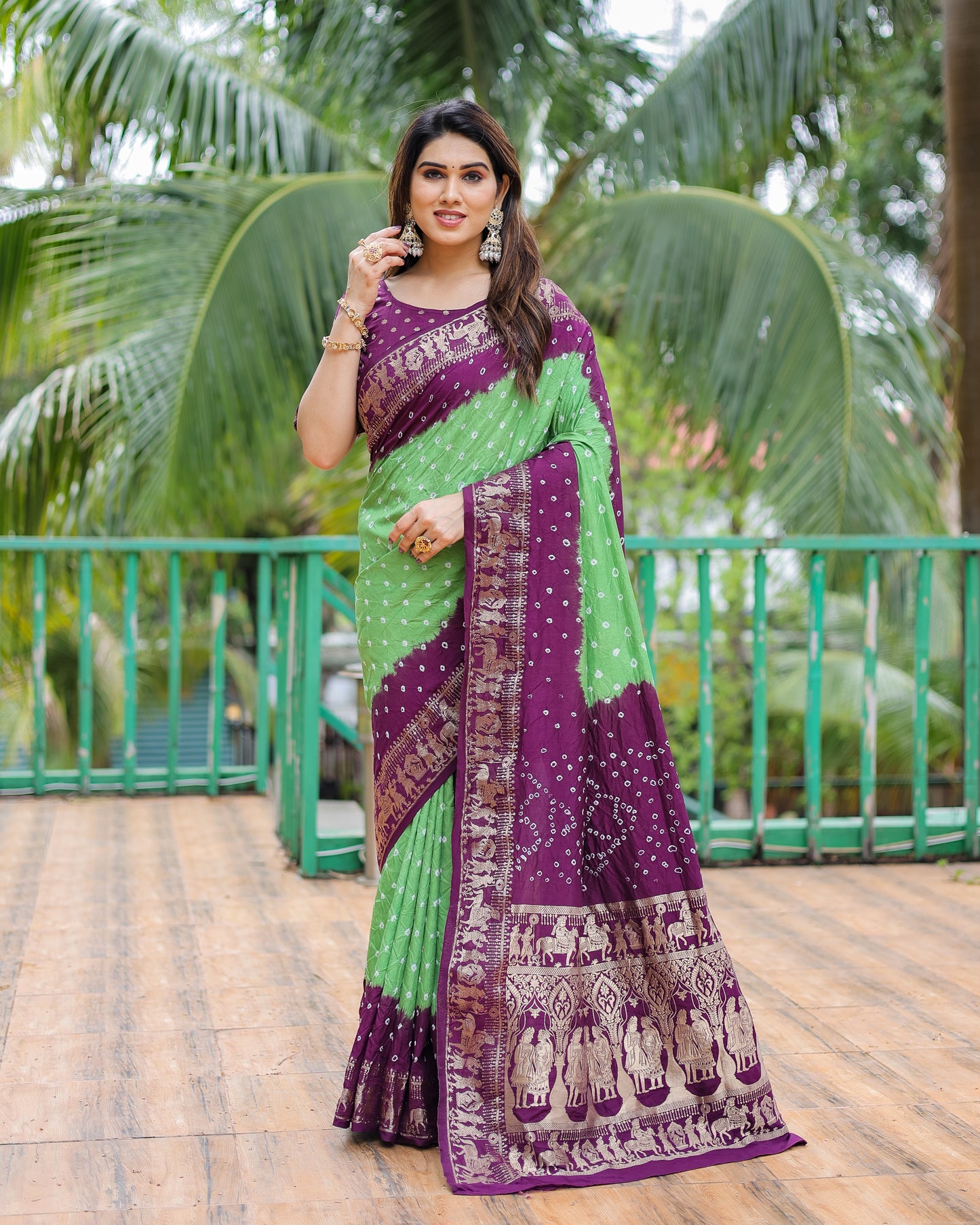 Light Green Vamika Pure Bandhej Silk Saree With Bandhej Border & Zari Weaving Rich Tissue Pallu