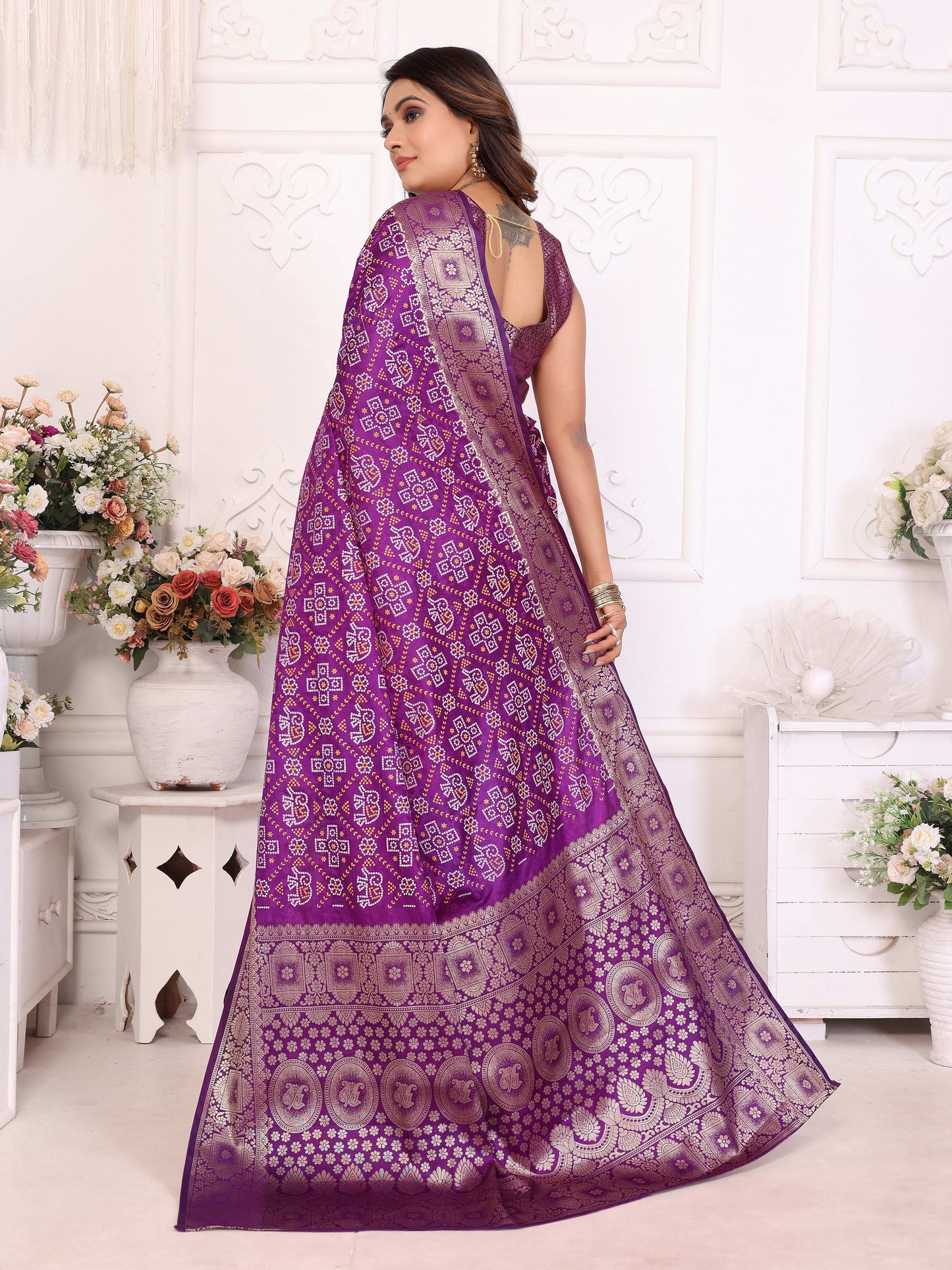 Purple Samshira Soft Satin Silk Bandhej Print Saree With Zari Border Design And Having Rich Pallu
